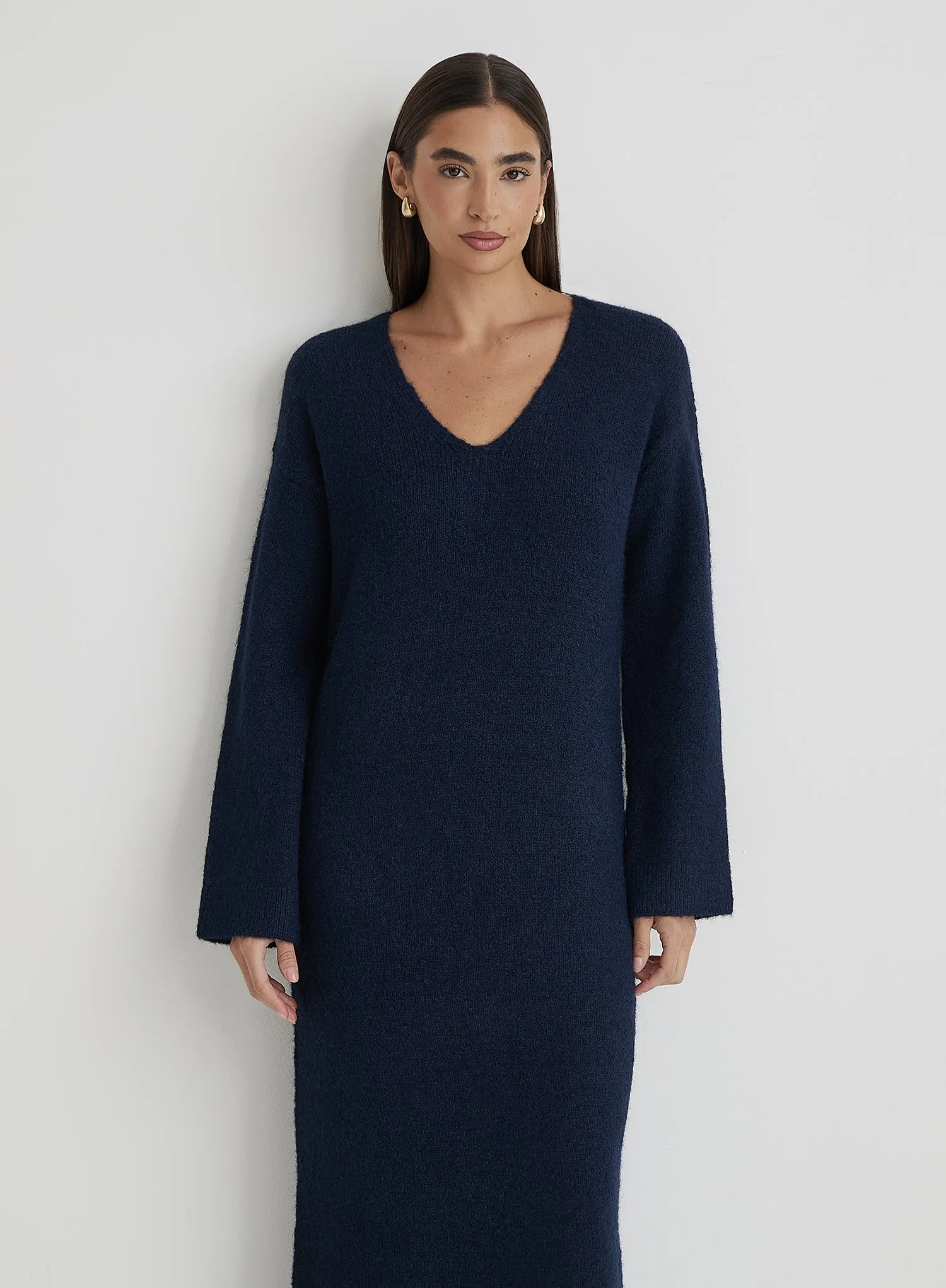 Navy V Neck Knitted Maxi Dress sold by 4th and Reckless product image thumbnail 2