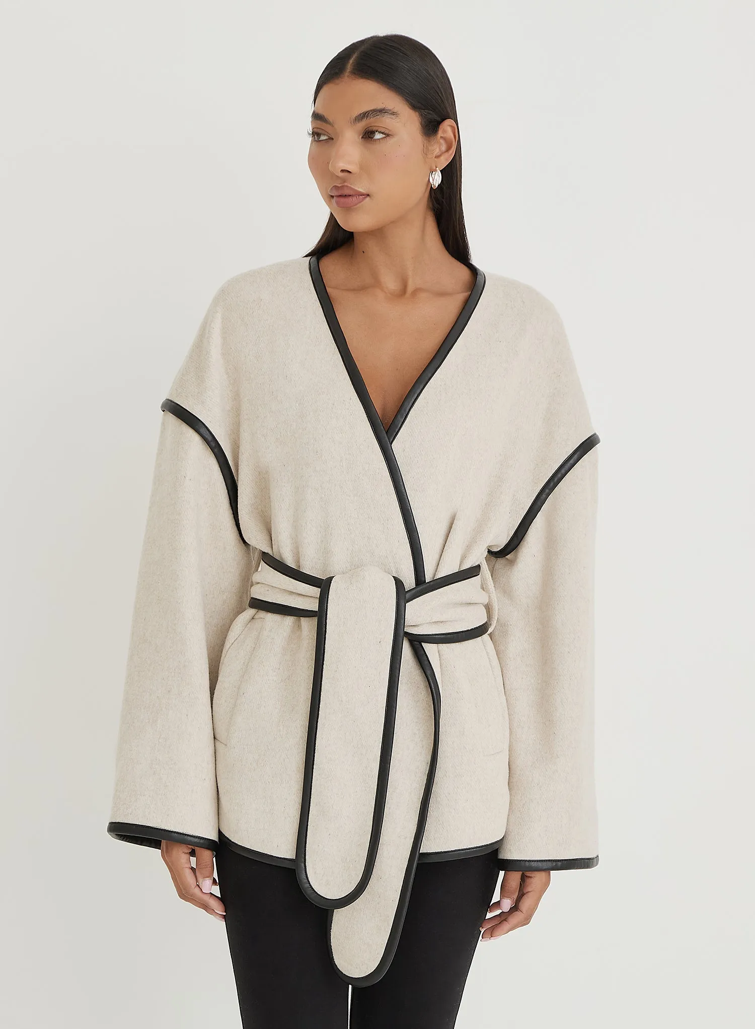 Cream Wool Tie Waist Belted Shacket sold by 4th and Reckless product image thumbnail 3