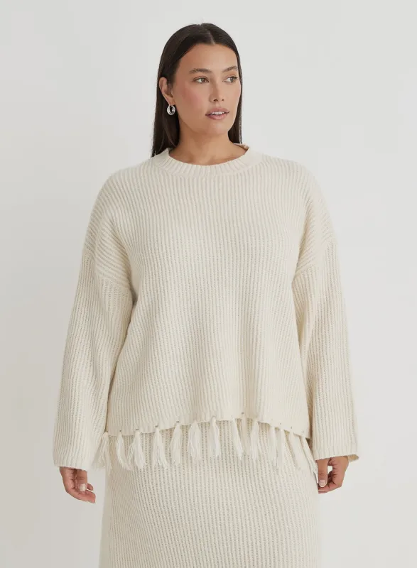 Cream Plus Size Oversized Tassle Trim Jumper- Fallon sold by 4th and Reckless