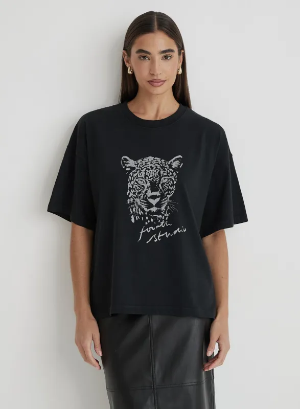 Black Acid Wash Leopard Motif T-Shirt- Leo sold by 4th and Reckless
