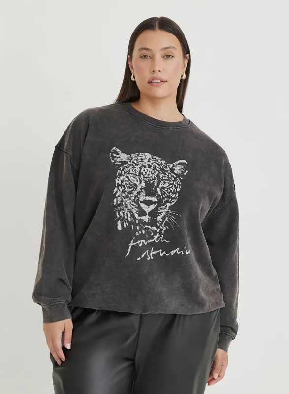 Black Acid Wash Curve Leopard Motif Oversized Sweatshirt- Cara sold by 4th and Reckless