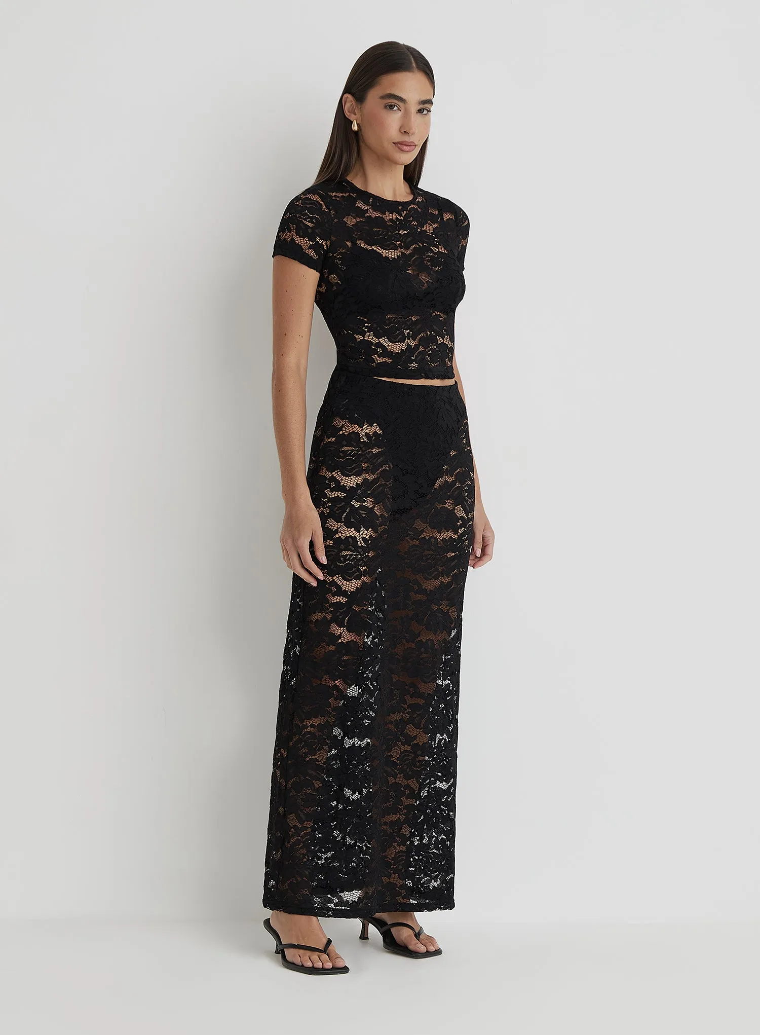 Black Lace Maxi Skirt sold by 4th and Reckless
