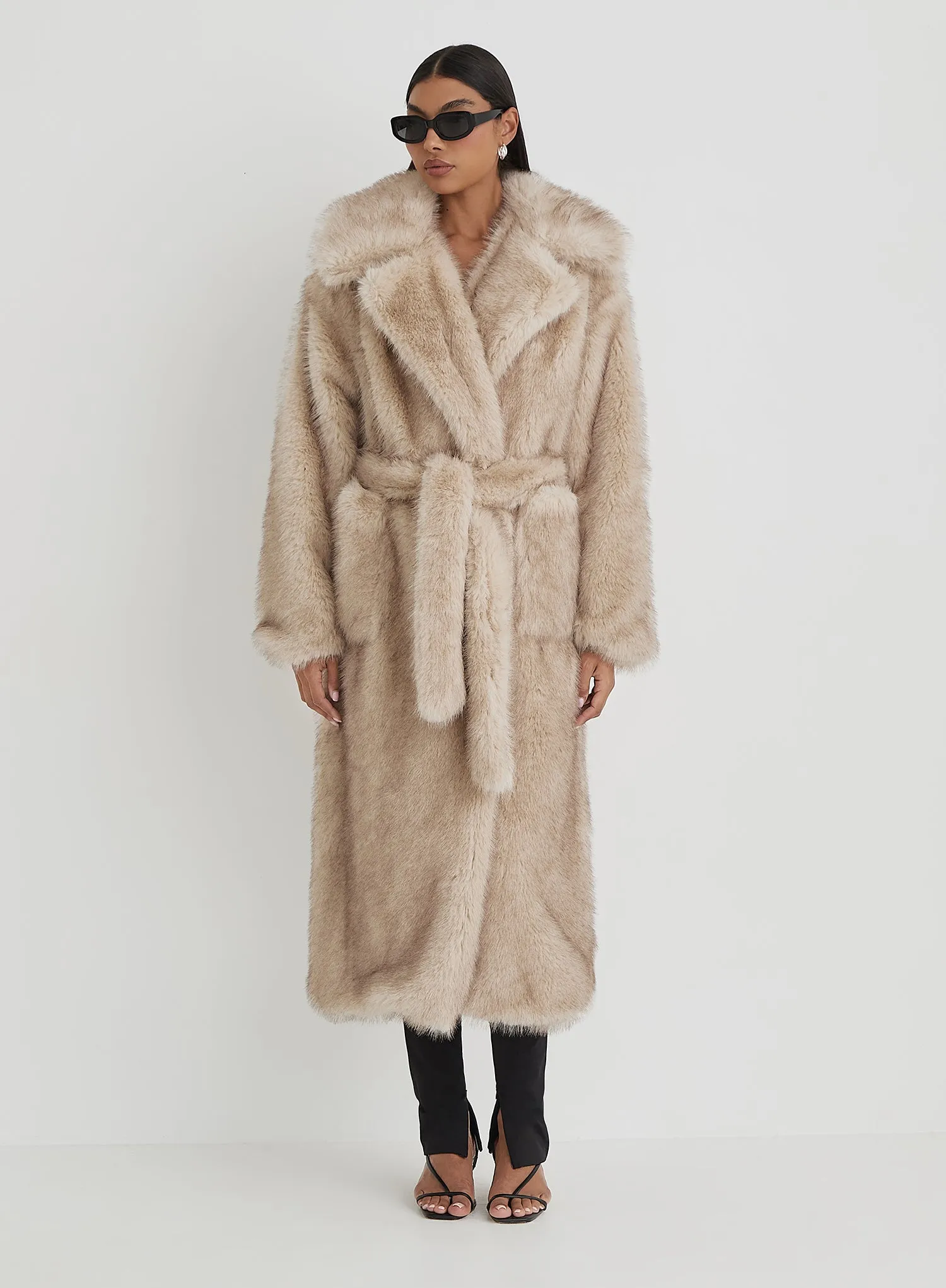 Beige Faux Fur Oversized Tie Waist Maxi Coat sold by 4th and Reckless product image thumbnail 5