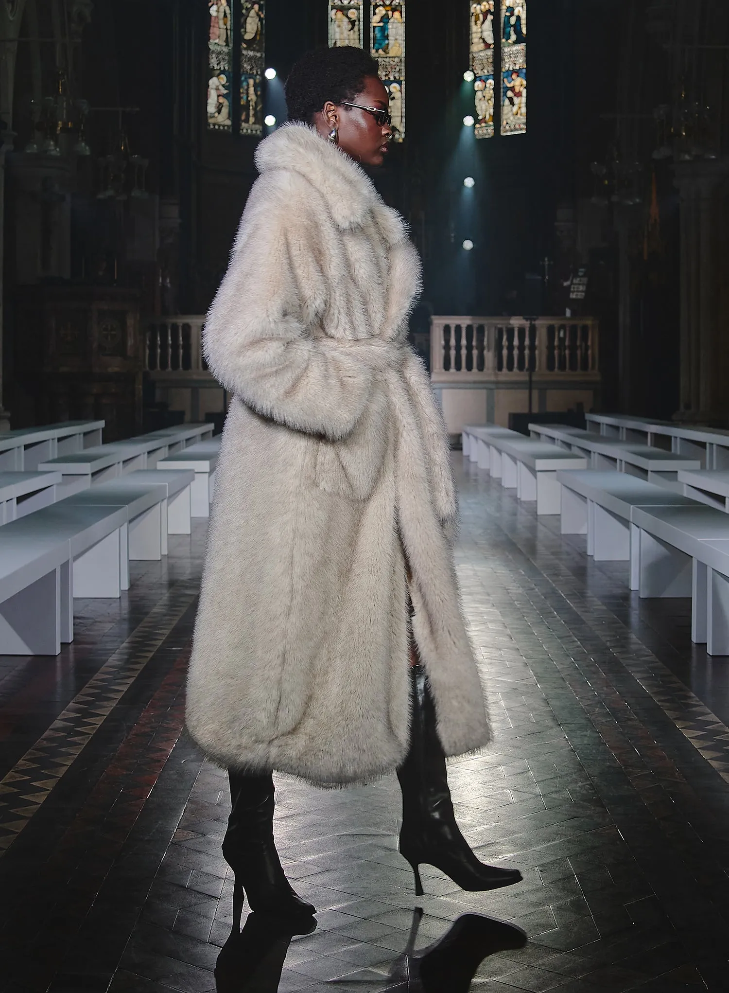 Beige Faux Fur Oversized Tie Waist Maxi Coat sold by 4th and Reckless product image thumbnail 3