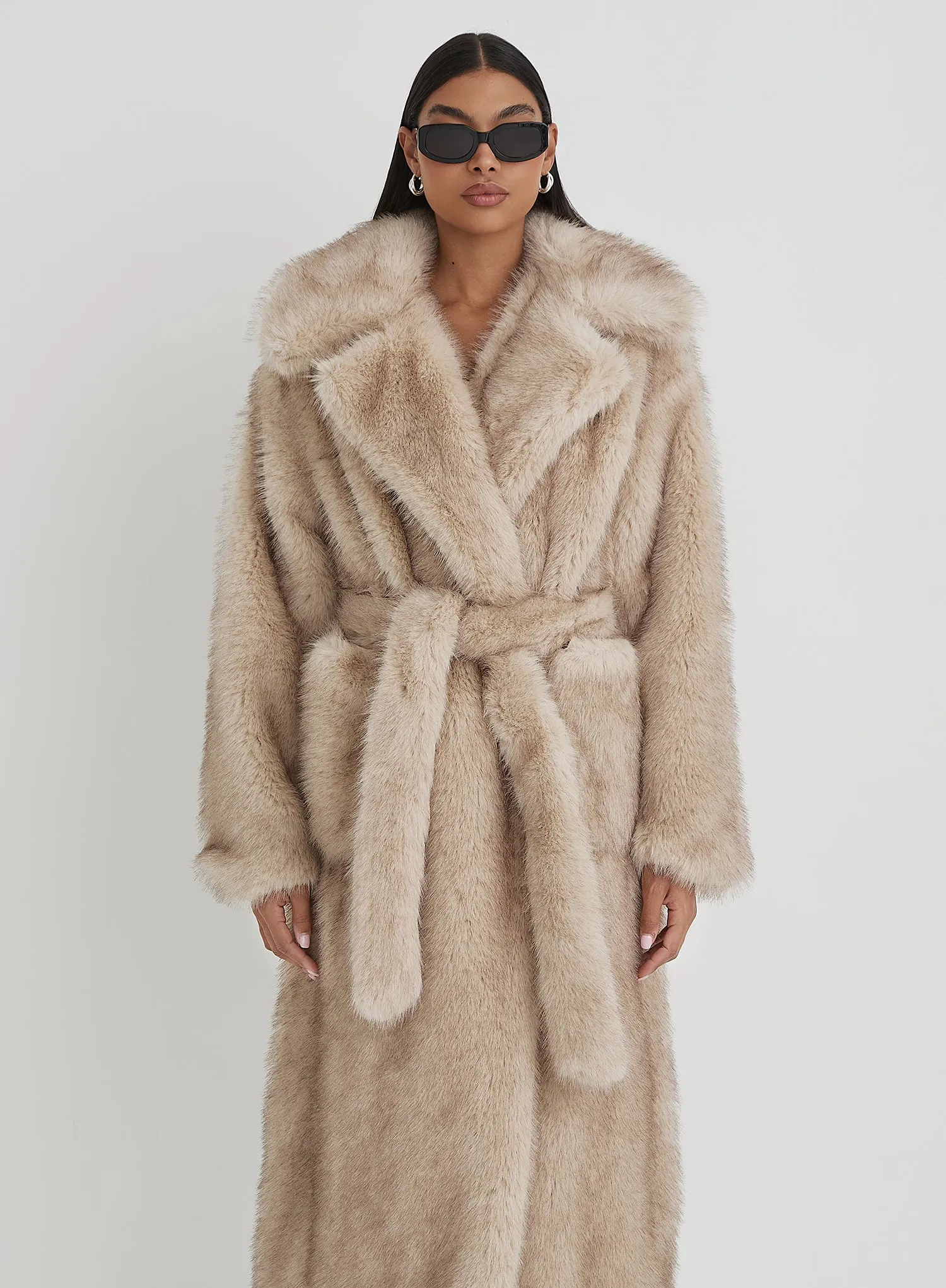 Beige Faux Fur Oversized Tie Waist Maxi Coat sold by 4th and Reckless