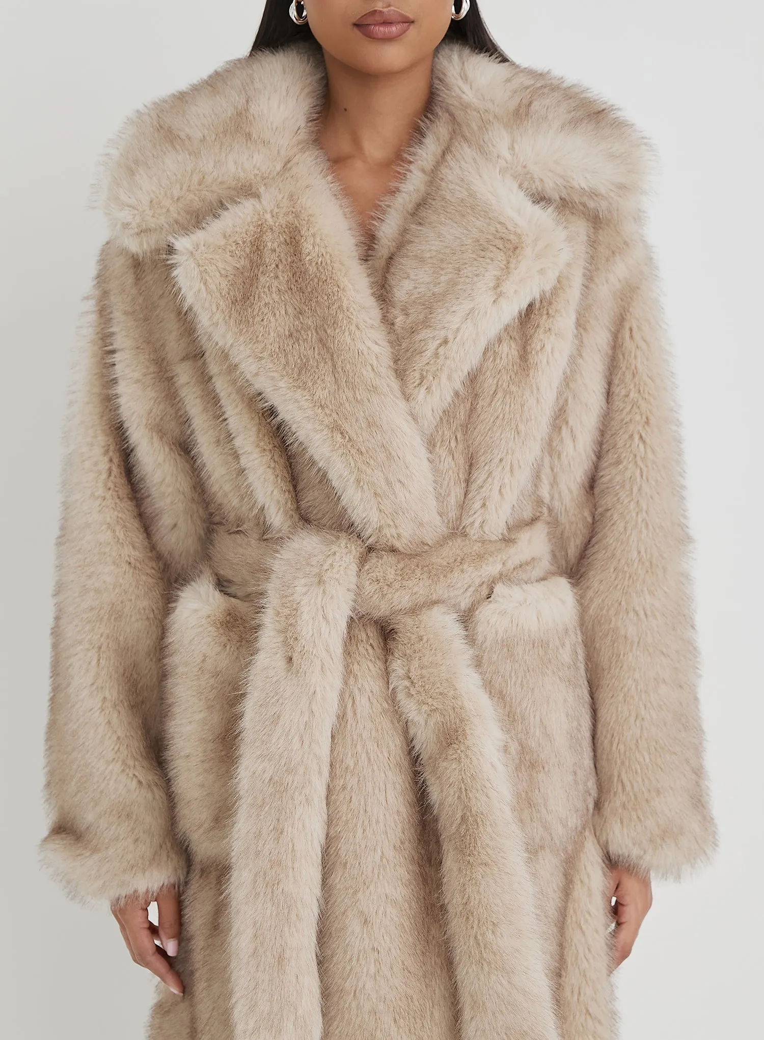 Beige Faux Fur Oversized Tie Waist Maxi Coat sold by 4th and Reckless product image thumbnail 4