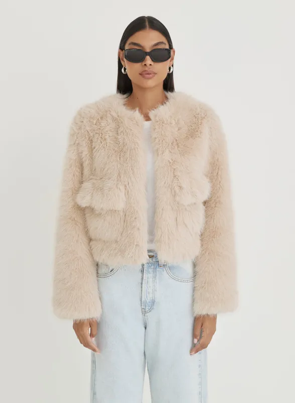 Beige Faux Fur Cropped Jacket sold by 4th and Reckless