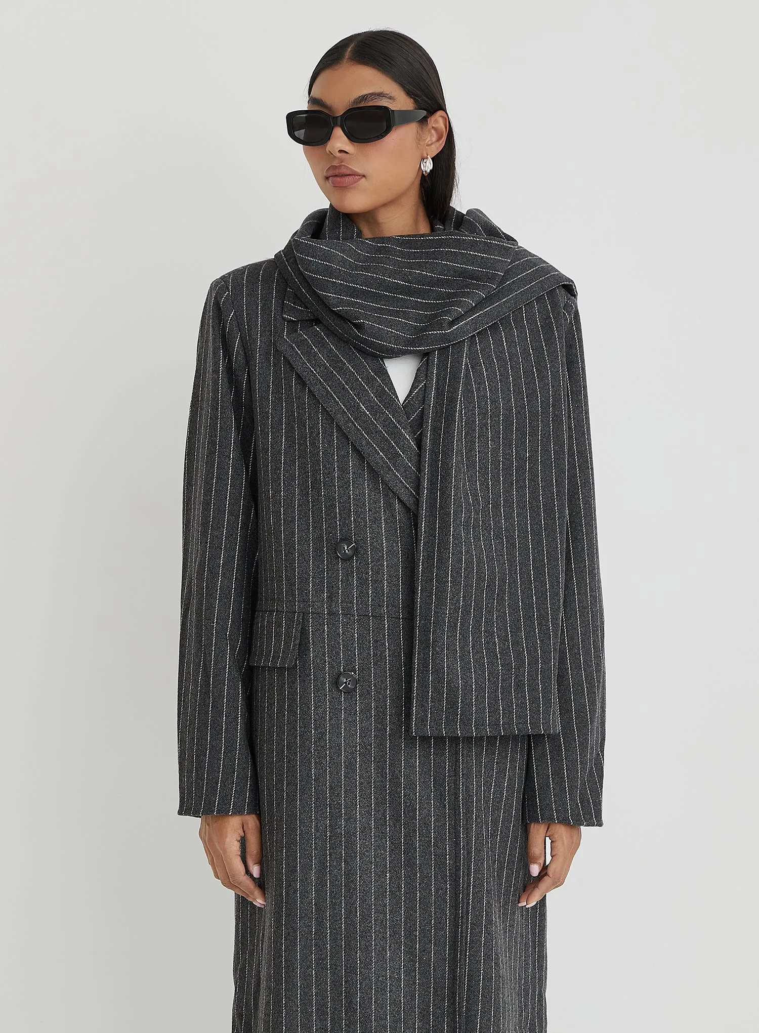 Grey Pinstripe Tailored Oversized Maxi Coat With Scarf sold by 4th and Reckless product image thumbnail 4