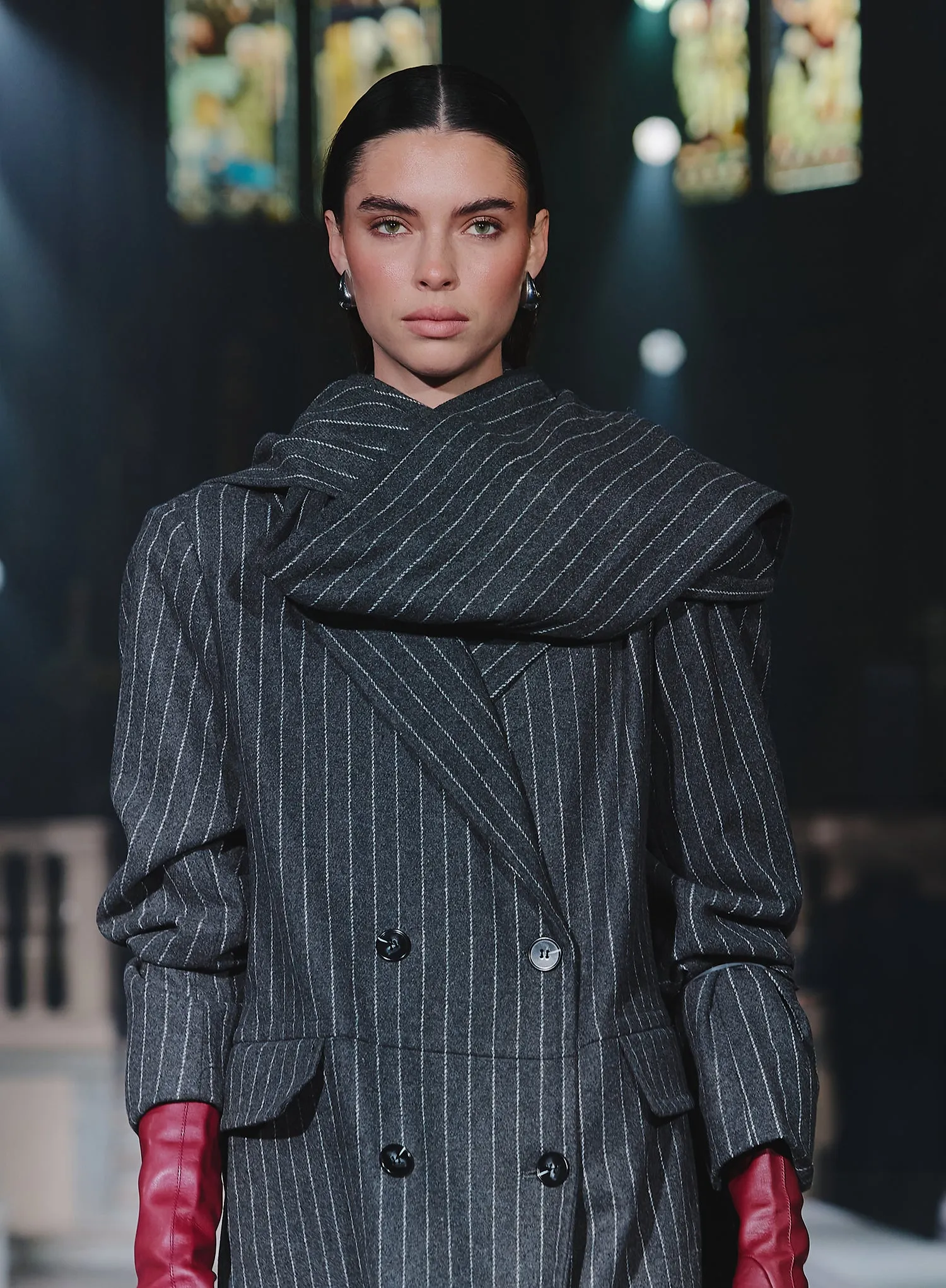 Grey Pinstripe Tailored Oversized Maxi Coat With Scarf sold by 4th and Reckless product image thumbnail 3