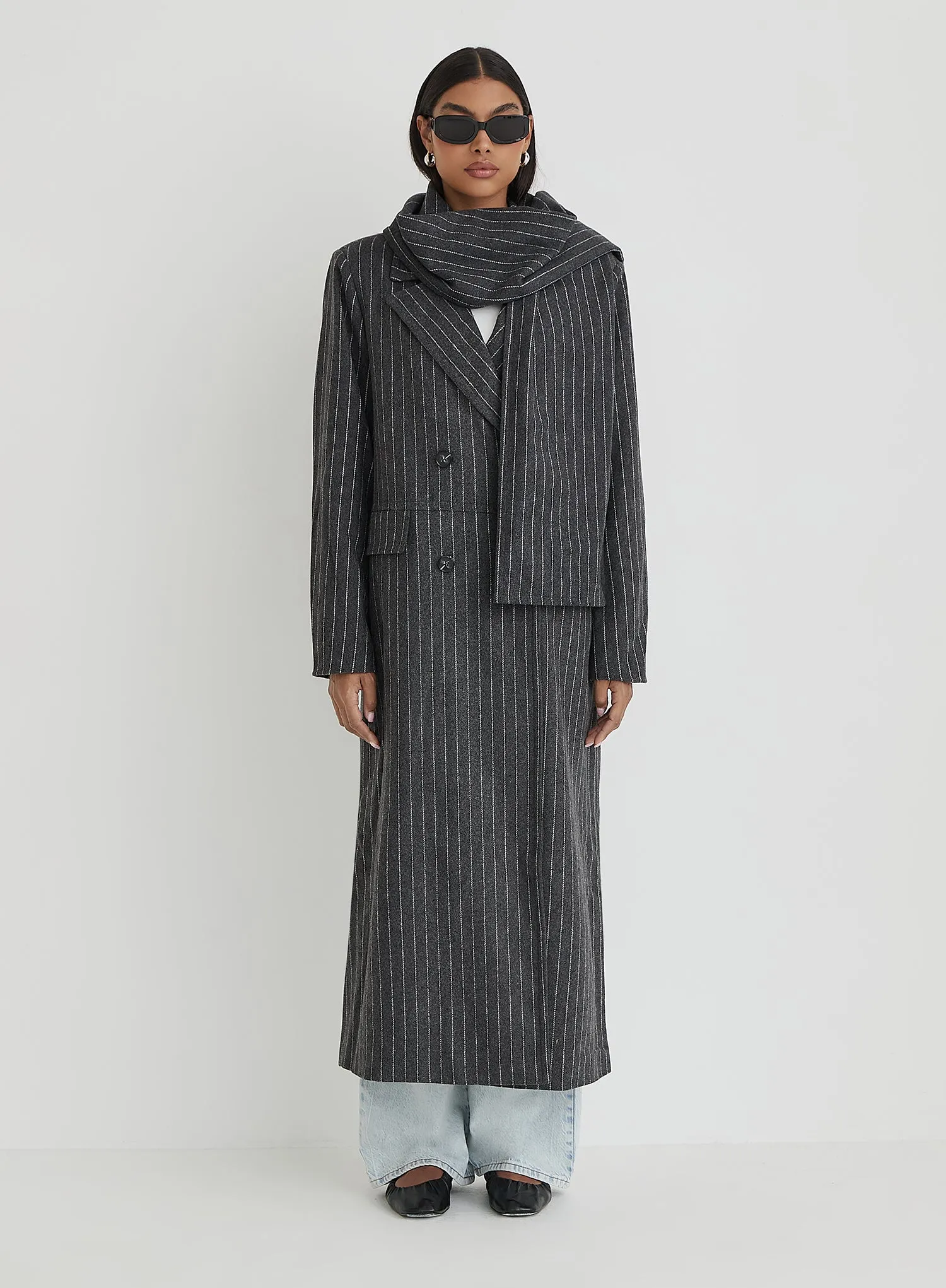 Grey Pinstripe Tailored Oversized Maxi Coat With Scarf sold by 4th and Reckless