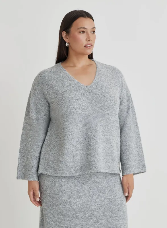 Grey Plus Size V Neck Knitted Jumper- Cadence sold by 4th and Reckless