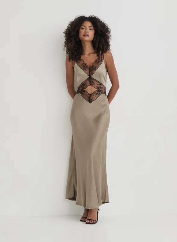 Khaki Satin Lace Slip Dress- Kelsey sold by 4th and Reckless
