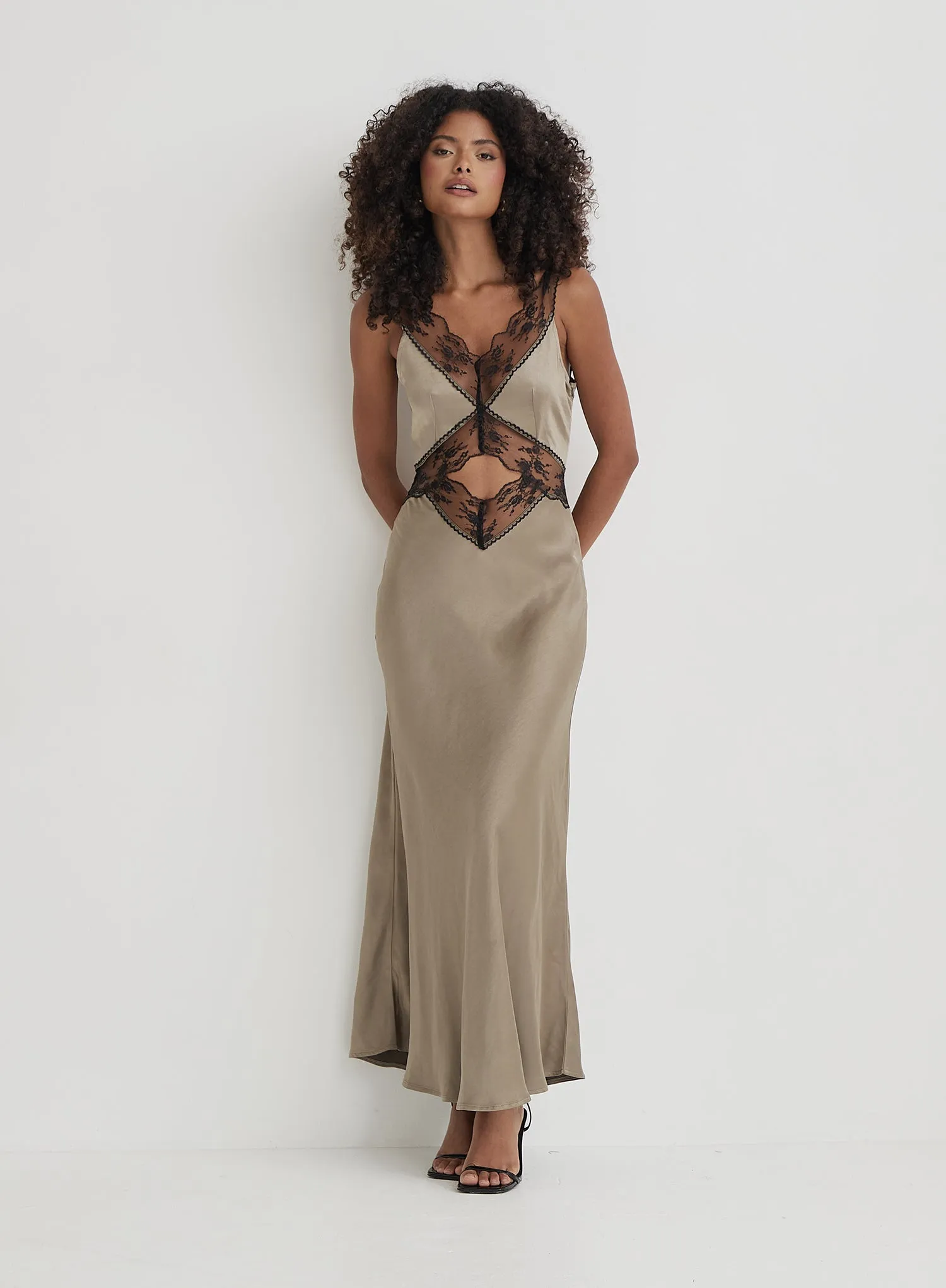 Khaki Satin Lace Slip Dress- Kelsey sold by 4th and Reckless