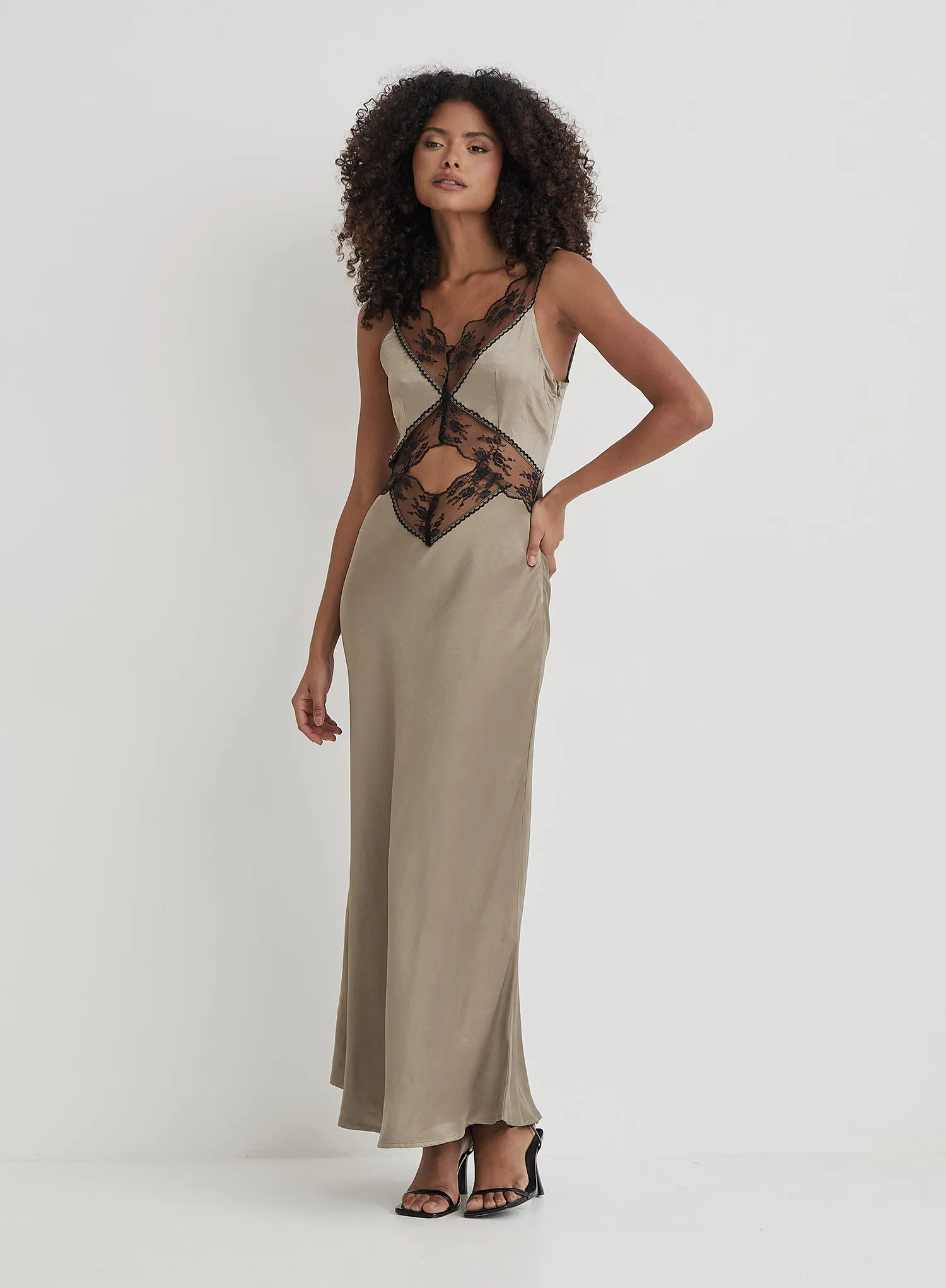 Khaki Satin Lace Slip Dress- Kelsey sold by 4th and Reckless product image thumbnail 2