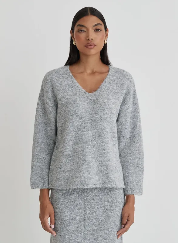 Grey V Neck Knitted Jumper sold by 4th and Reckless