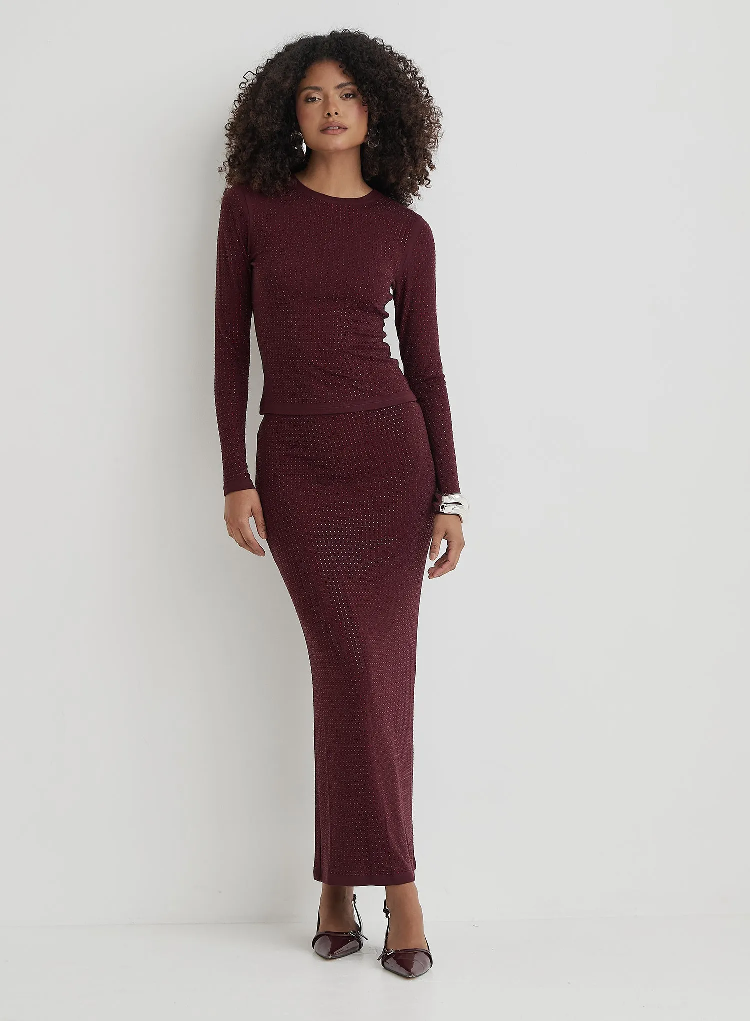 Burgundy Embellished Maxi Skirt sold by 4th and Reckless