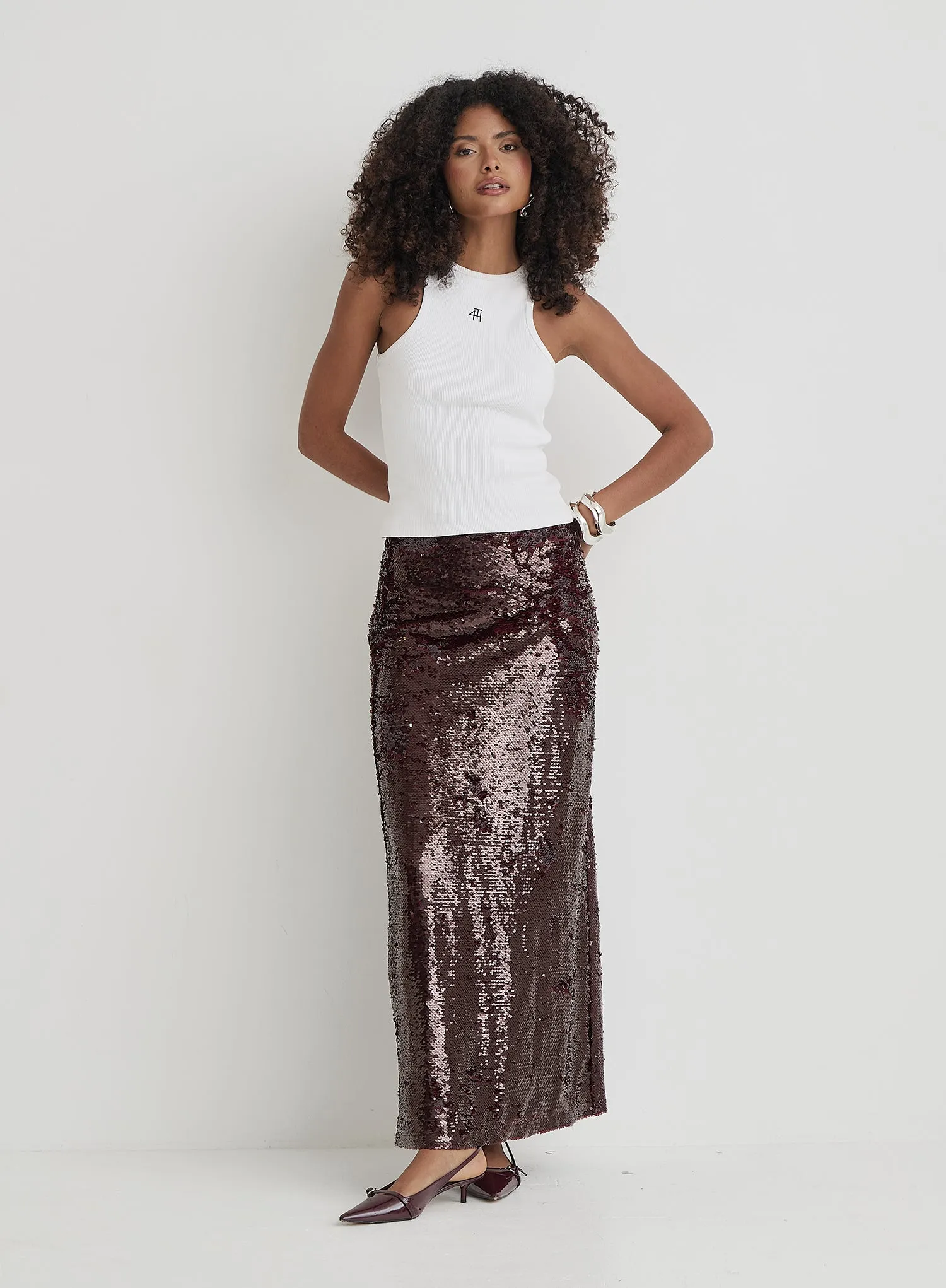 Burgundy Sequin Maxi Skirt sold by 4th and Reckless