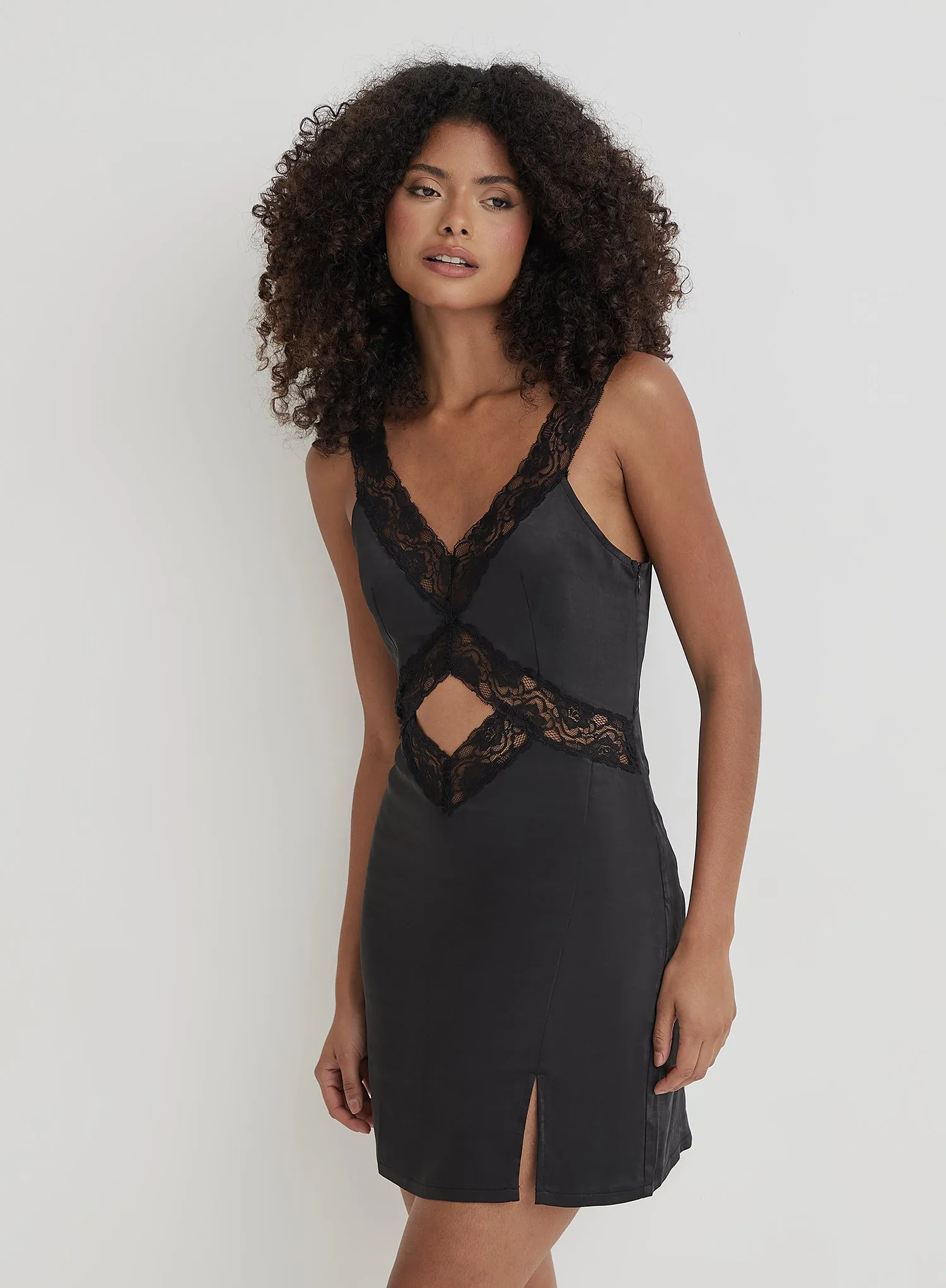 Black Satin Lace Slip Mini Dress sold by 4th and Reckless product image thumbnail 3