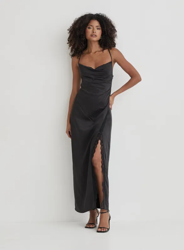 Black Satin Side Split Maxi Dress- Kacie sold by 4th and Reckless