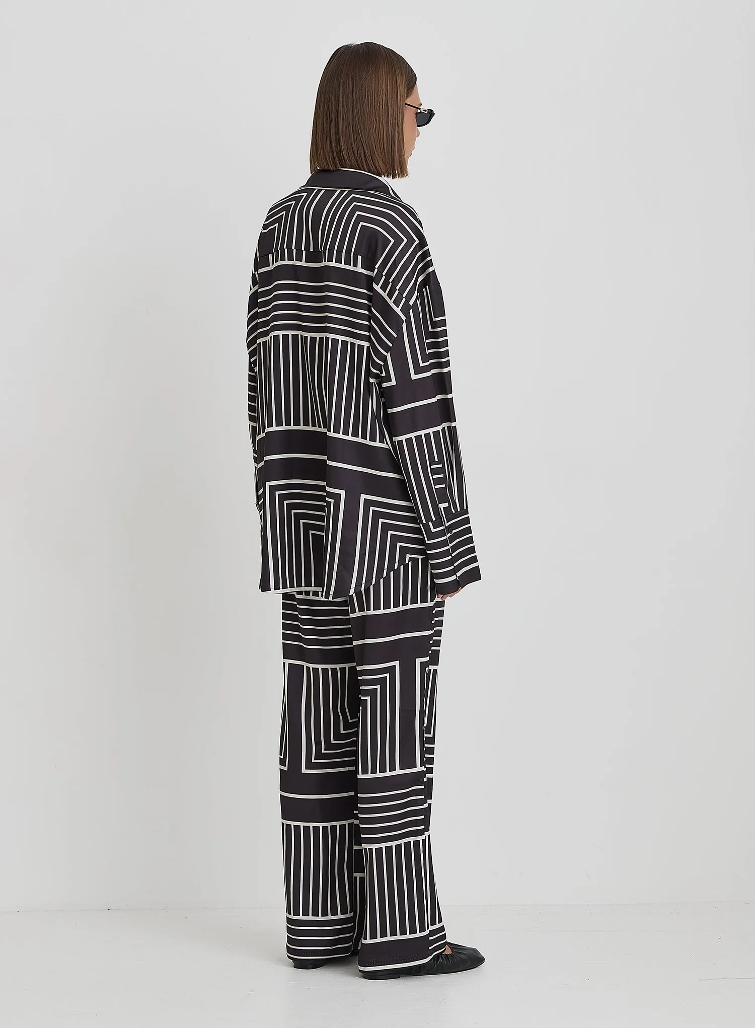 Black And Cream Abstract Print Oversized Satin Shirt- Kora sold by 4th and Reckless product image thumbnail 4