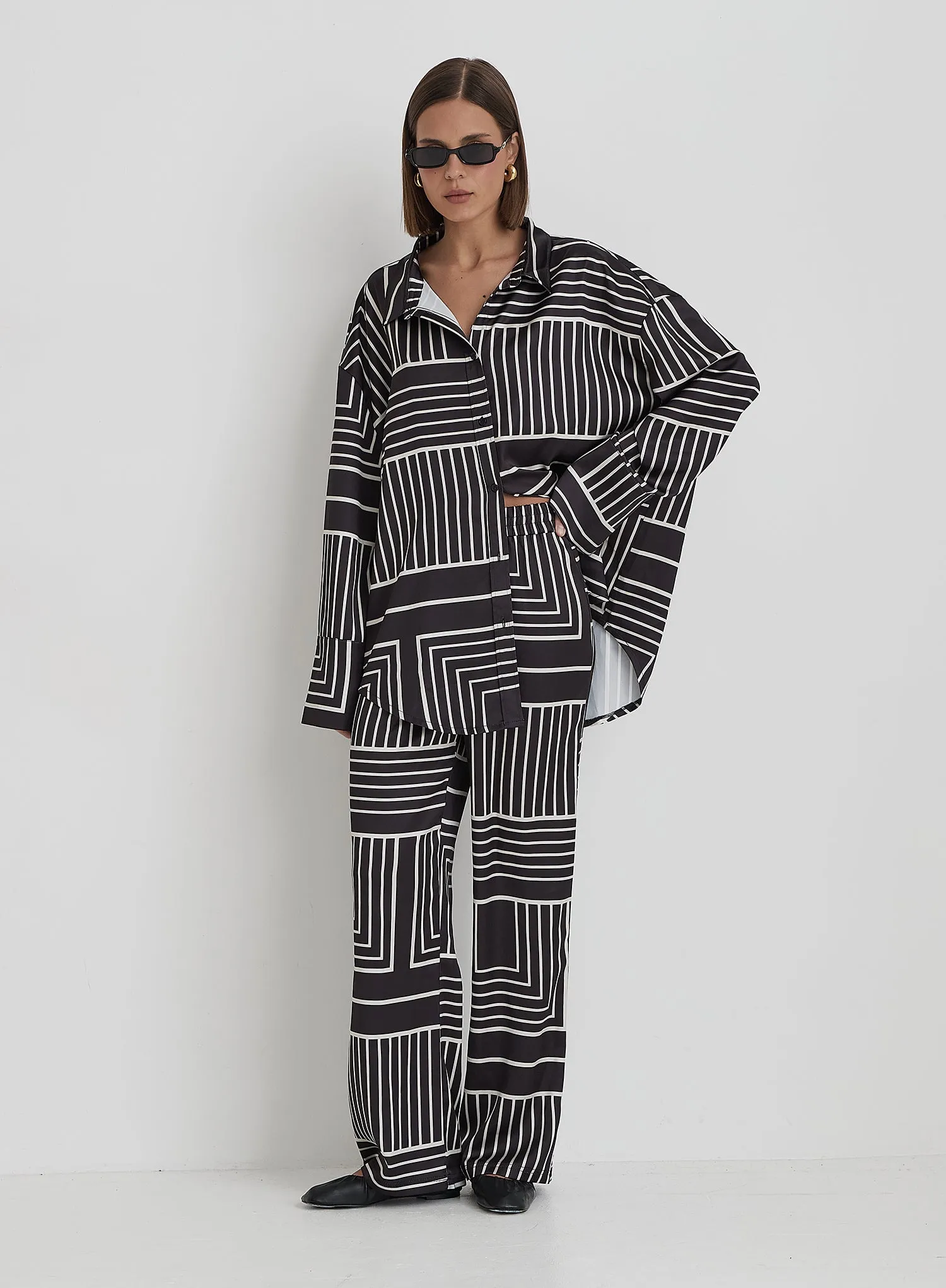 Black And Cream Abstract Print Oversized Satin Shirt- Kora sold by 4th and Reckless product image thumbnail 2