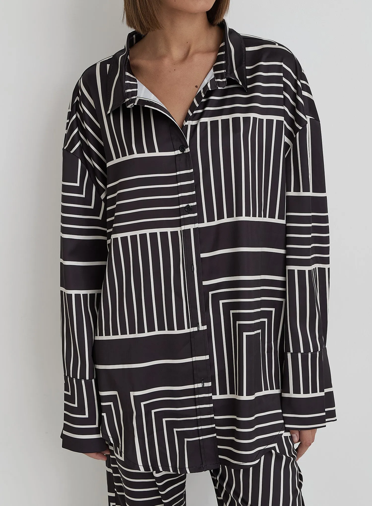 Black And Cream Abstract Print Oversized Satin Shirt- Kora sold by 4th and Reckless product image thumbnail 3
