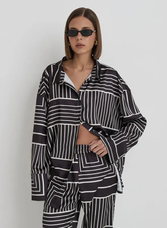 Black And Cream Abstract Print Oversized Satin Shirt- Kora sold by 4th and Reckless