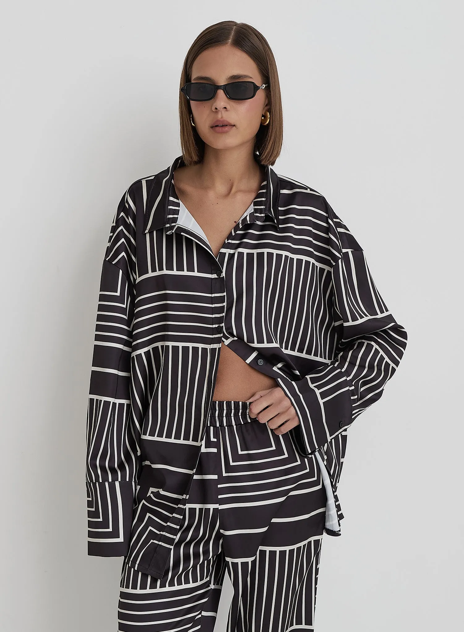 Black And Cream Abstract Print Oversized Satin Shirt- Kora sold by 4th and Reckless