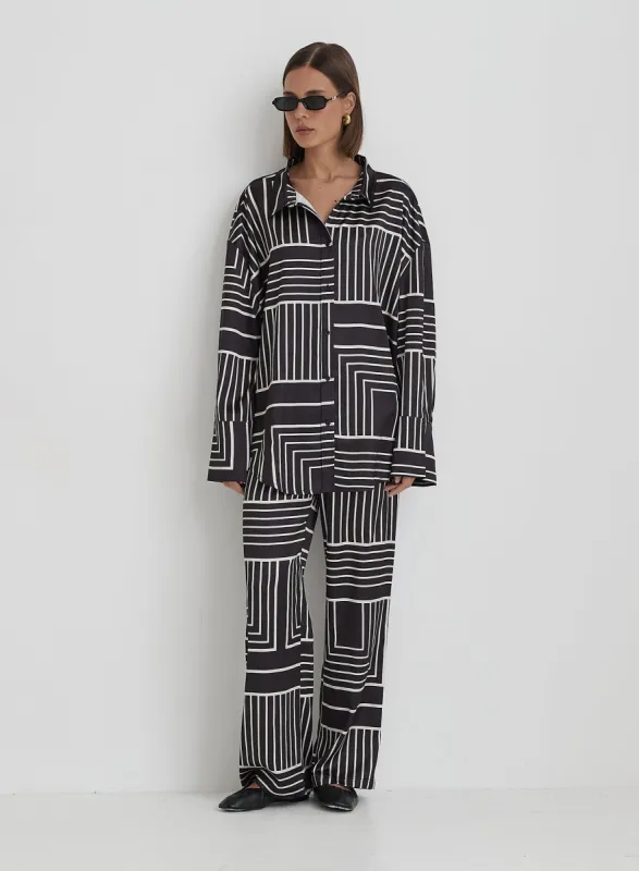 Black And Cream Abstract Print Relaxed Satin Trouser- Kora sold by 4th and Reckless