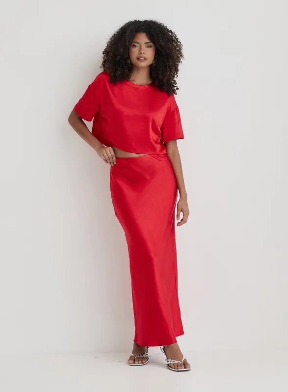 Red Satin Maxi Skirt- Dara sold by 4th and Reckless