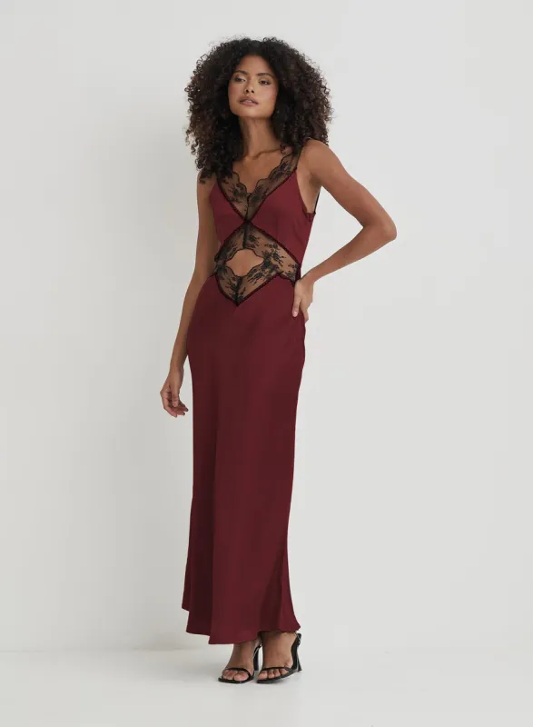Burgundy Satin Lace Slip Dress- Kelsey sold by 4th and Reckless