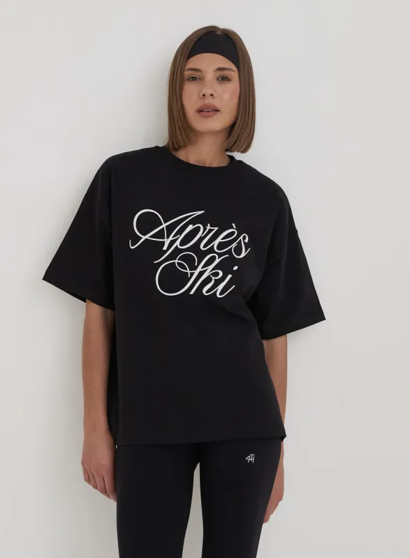 Black Embroidered Apres Ski Slogan T-Shirt sold by 4th and Reckless