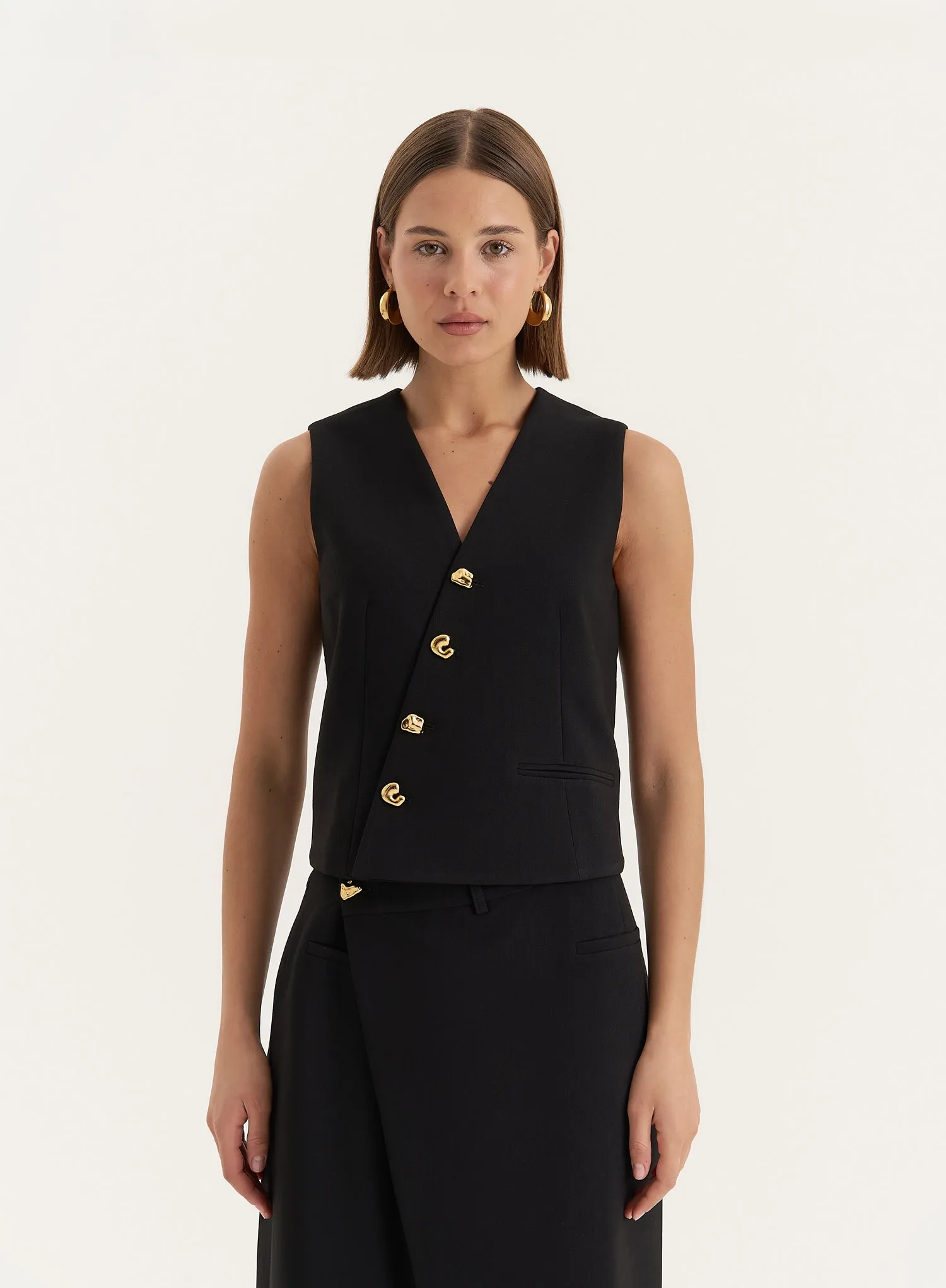 Black Asymmetric Gold Button Front Waistcoat sold by 4th and Reckless