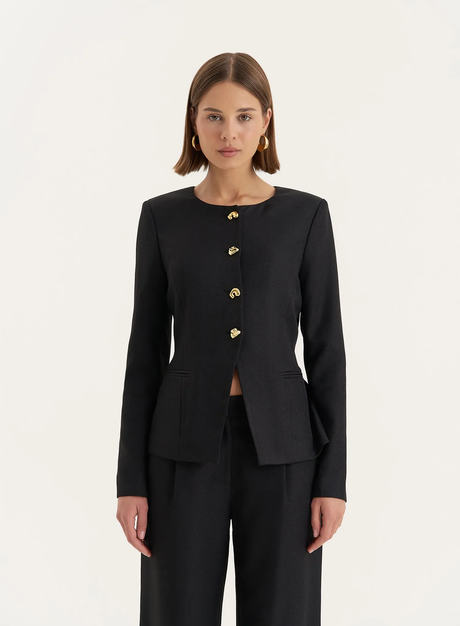 Black Tailored Gold Button Front Split Blazer- Polly sold by 4th and Reckless