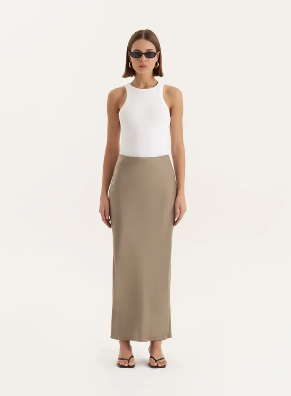 Olive Satin Maxi Skirt sold by 4th and Reckless