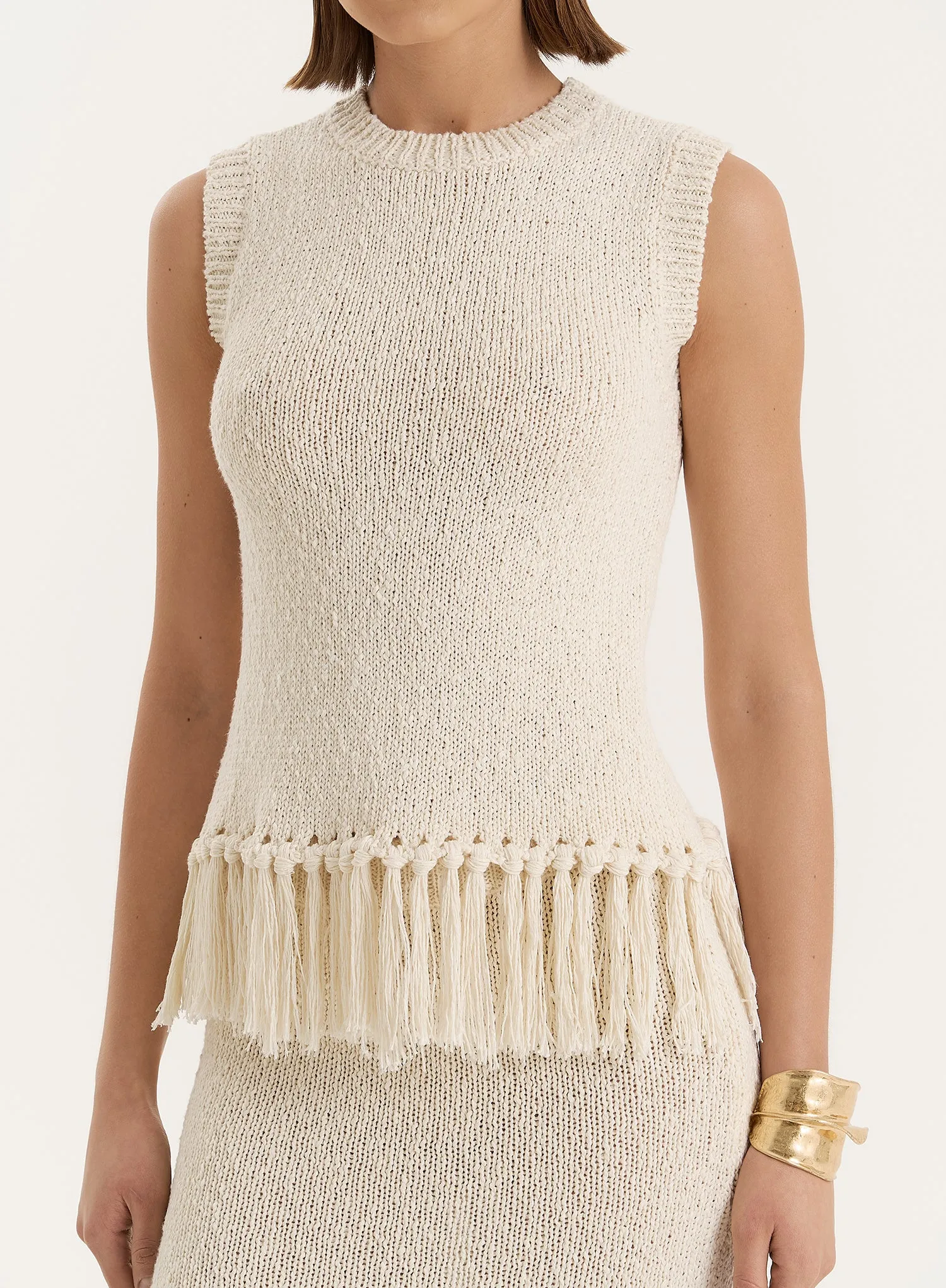 Beige Sleeveless Knitted Tassel Trim Top sold by 4th and Reckless product image thumbnail 3