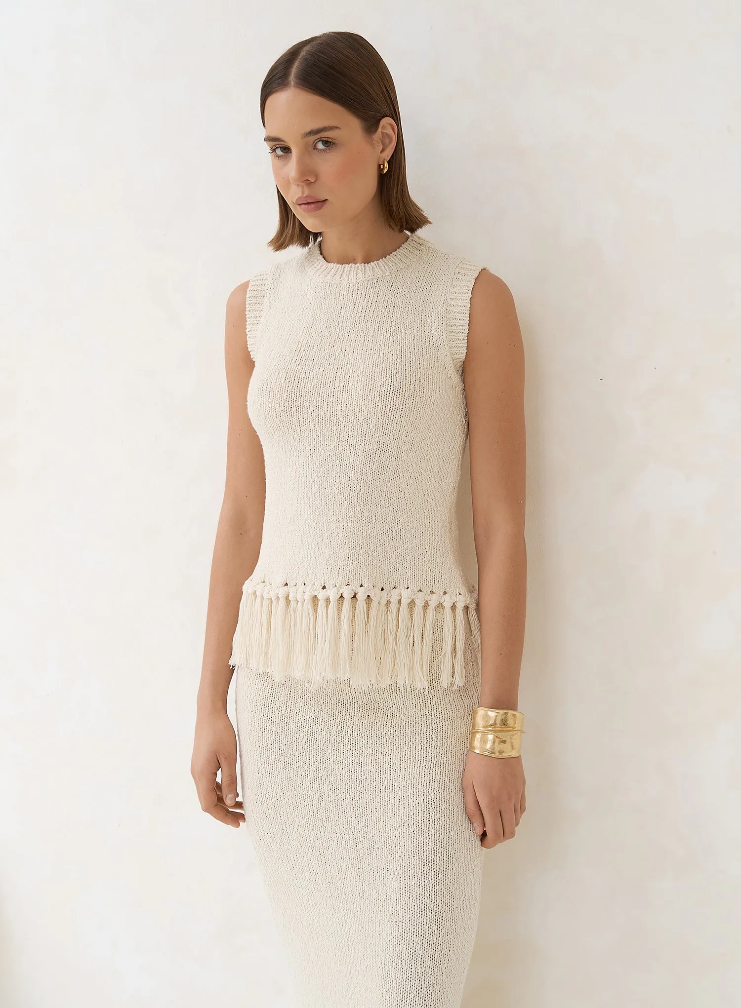 Beige Sleeveless Knitted Tassel Trim Top sold by 4th and Reckless product image thumbnail 5