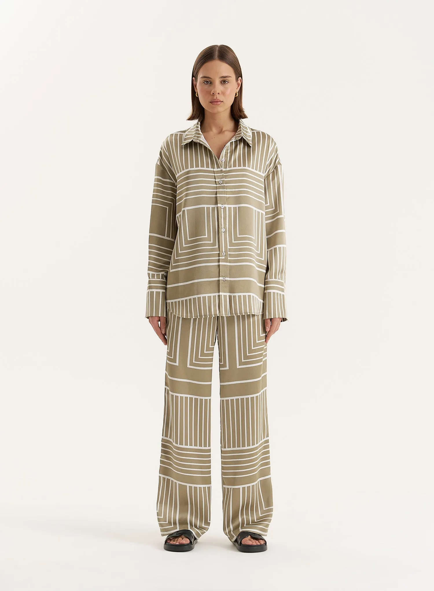 Sage Green Satin Graphic Print Shirt sold by 4th and Reckless