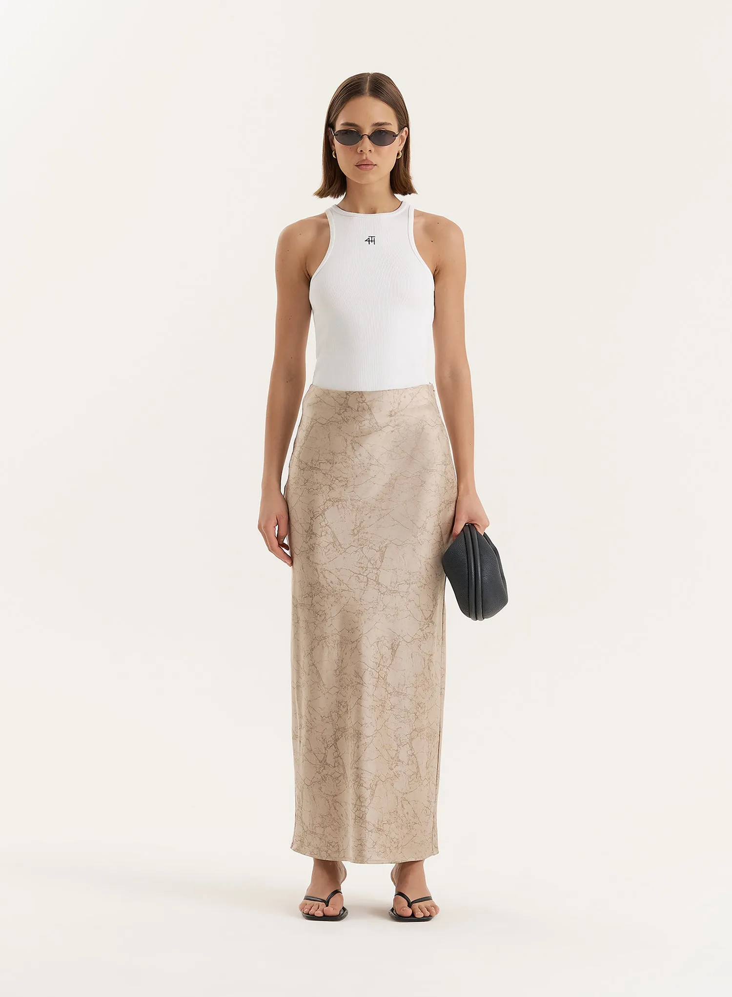 Beige Print Satin Maxi Skirt sold by 4th and Reckless