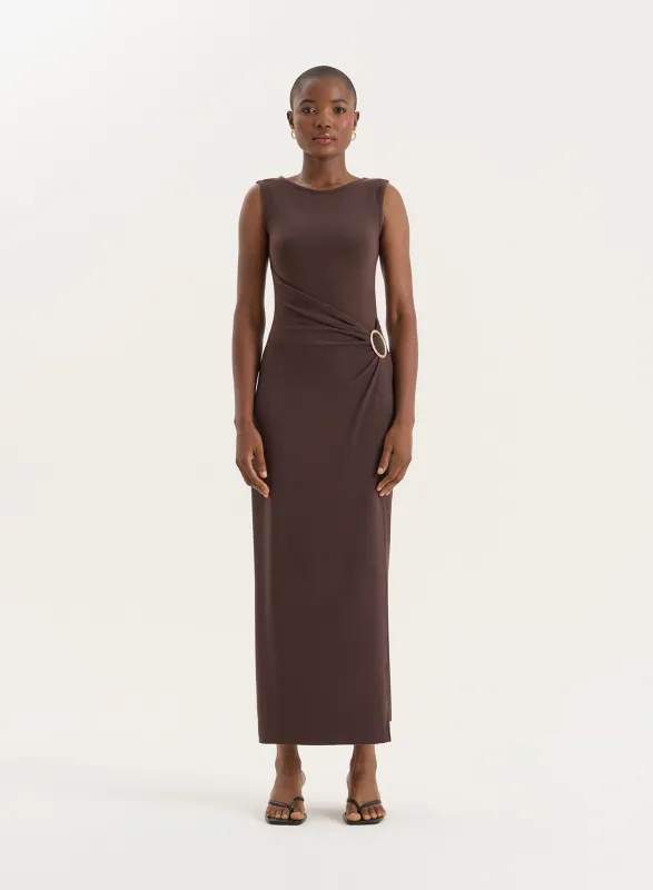 Chocolate Gathered Waist Jersey Maxi Dress- Nia sold by 4th and Reckless