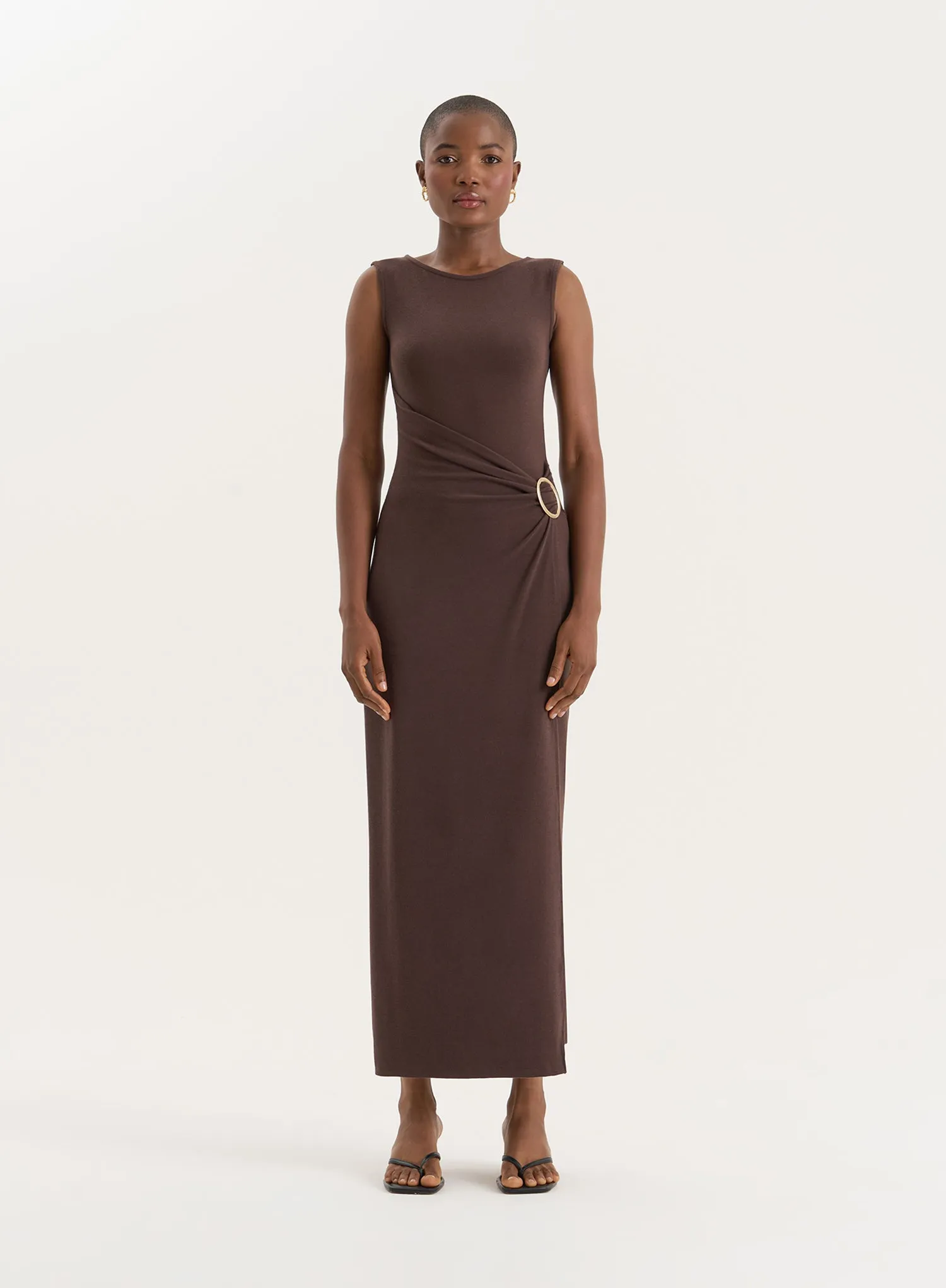 Chocolate Gathered Waist Jersey Maxi Dress sold by 4th and Reckless