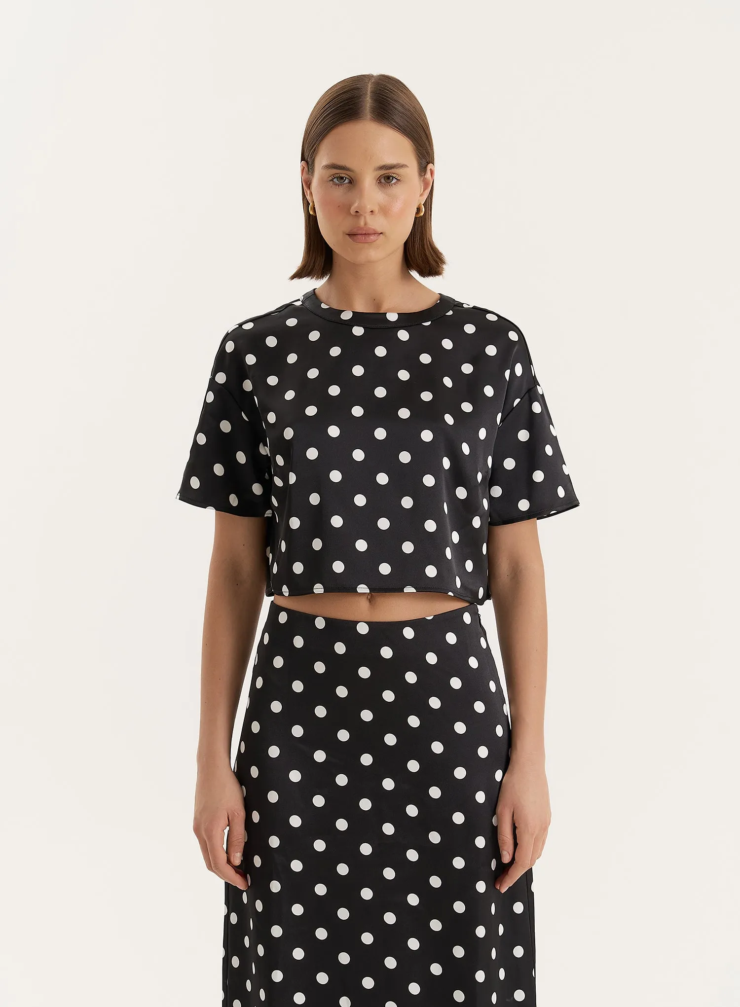 Polka Dot Print Oversized Satin Cropped Top sold by 4th and Reckless