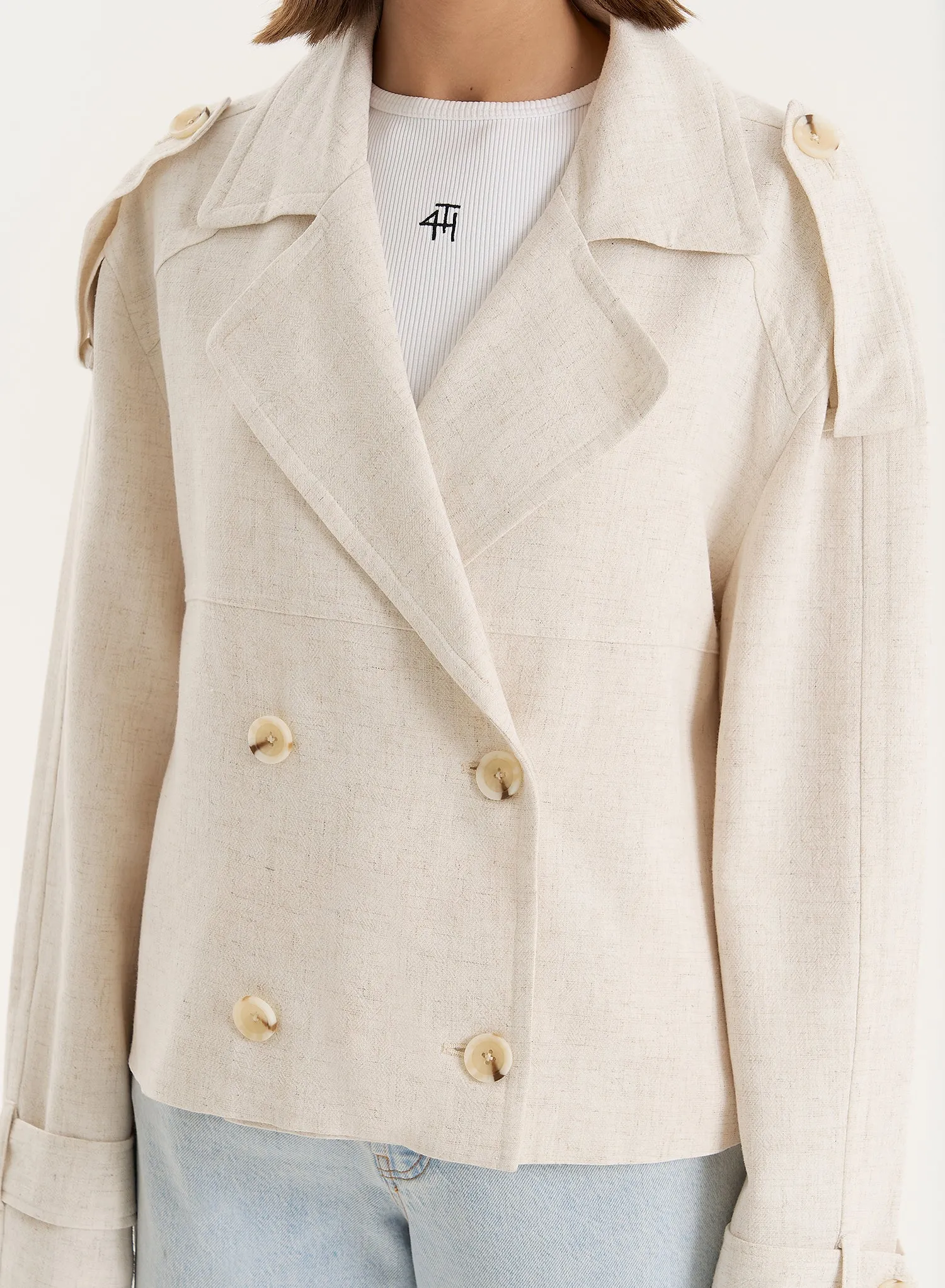 Beige Cropped Double Breasted Linen Blend Trench Coat- Sorrel sold by 4th and Reckless product image thumbnail 4