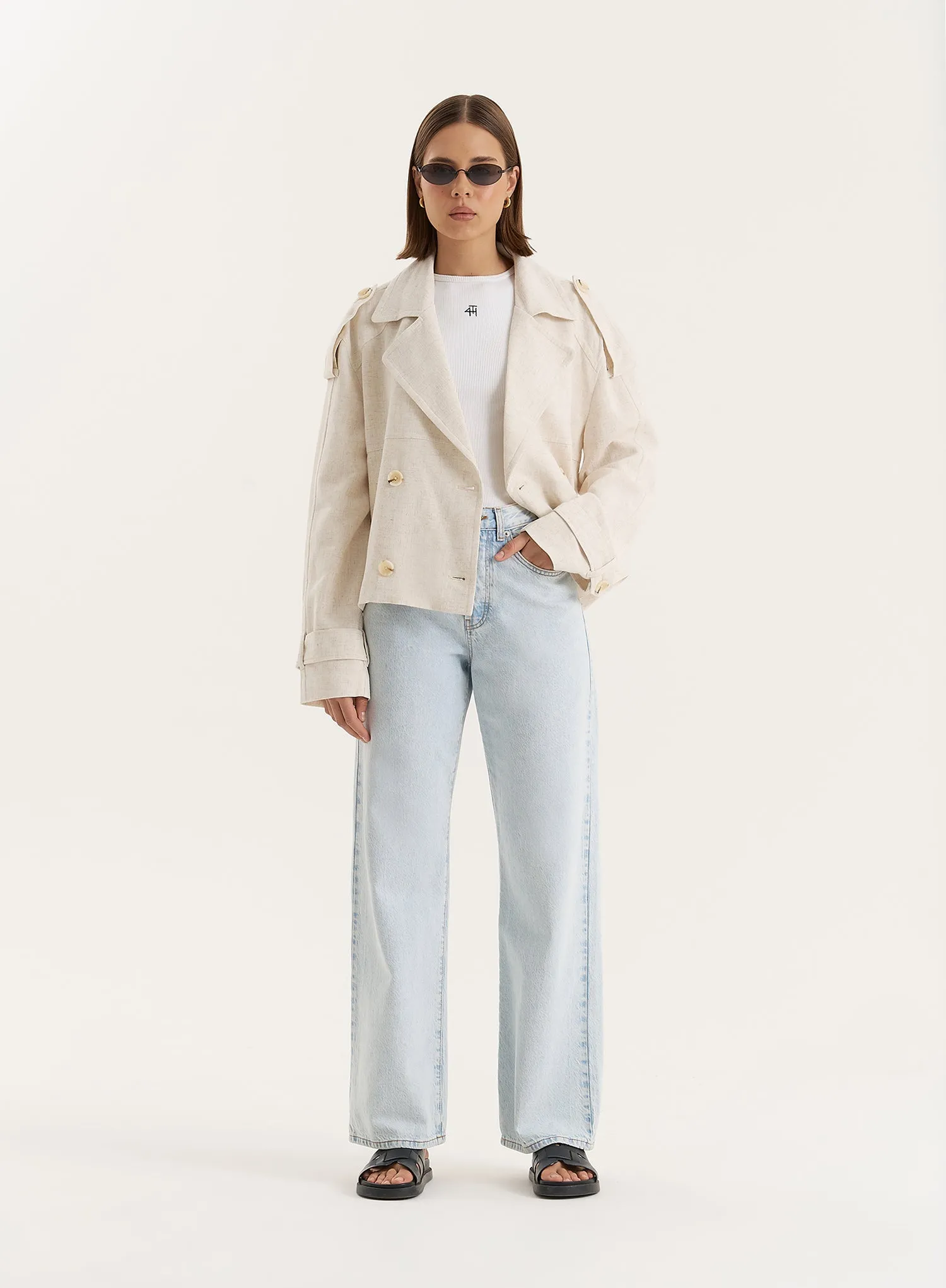 Beige Cropped Double Breasted Linen Blend Trench Coat- Sorrel sold by 4th and Reckless