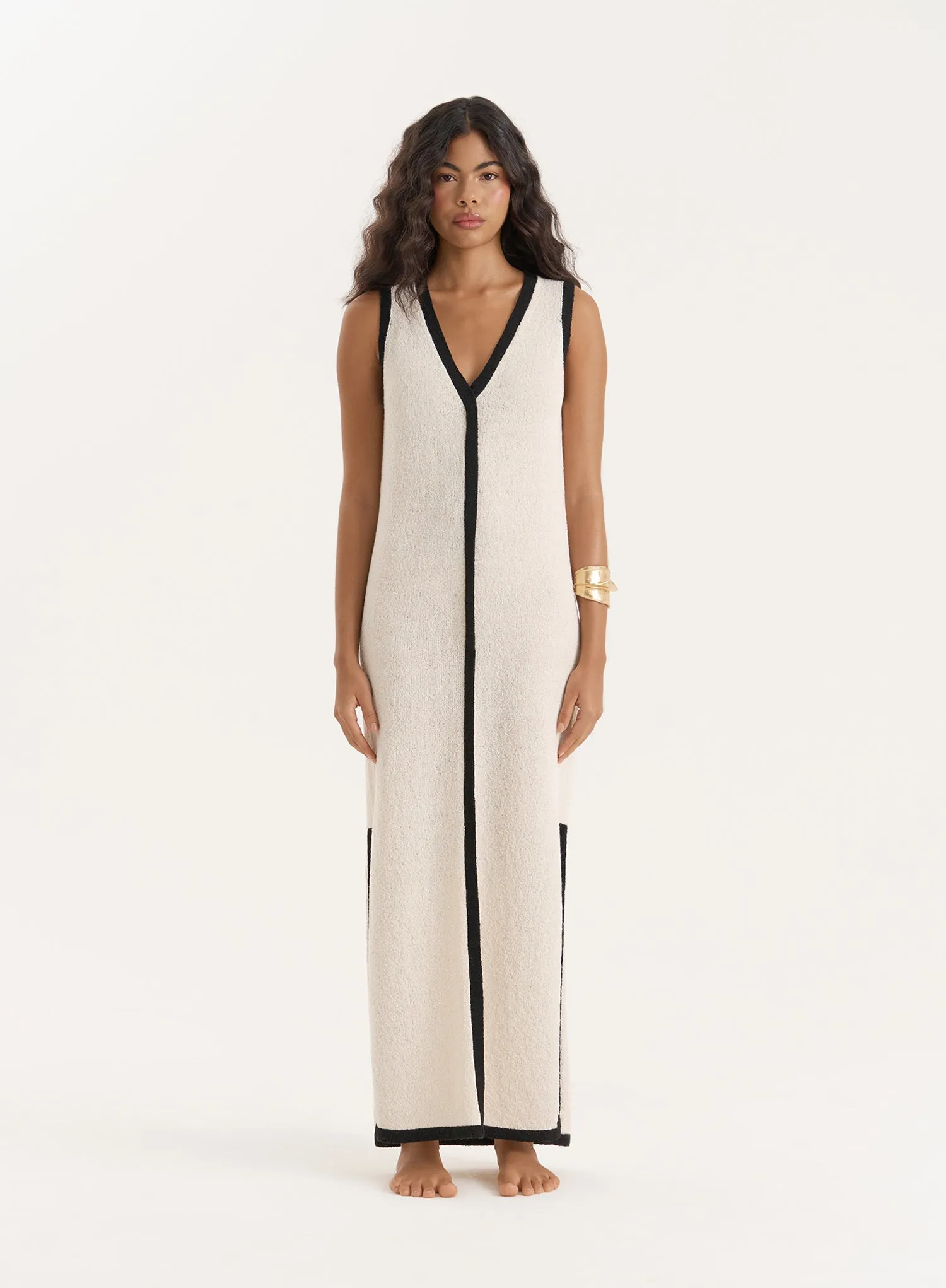 Ecru Knitted Constrast Trim Midaxi Dress sold by 4th and Reckless
