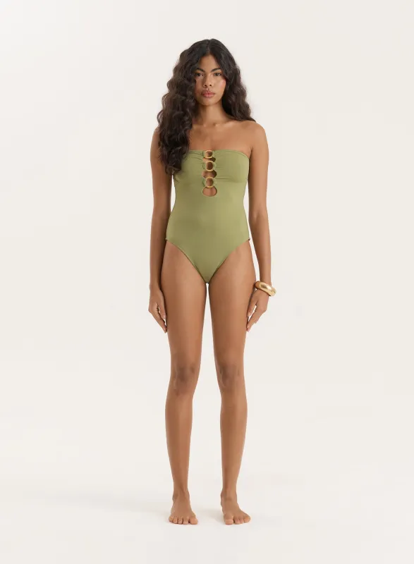 Olive Gold Ring Cut Out Bandeau Swimsuit- Nala sold by 4th and Reckless