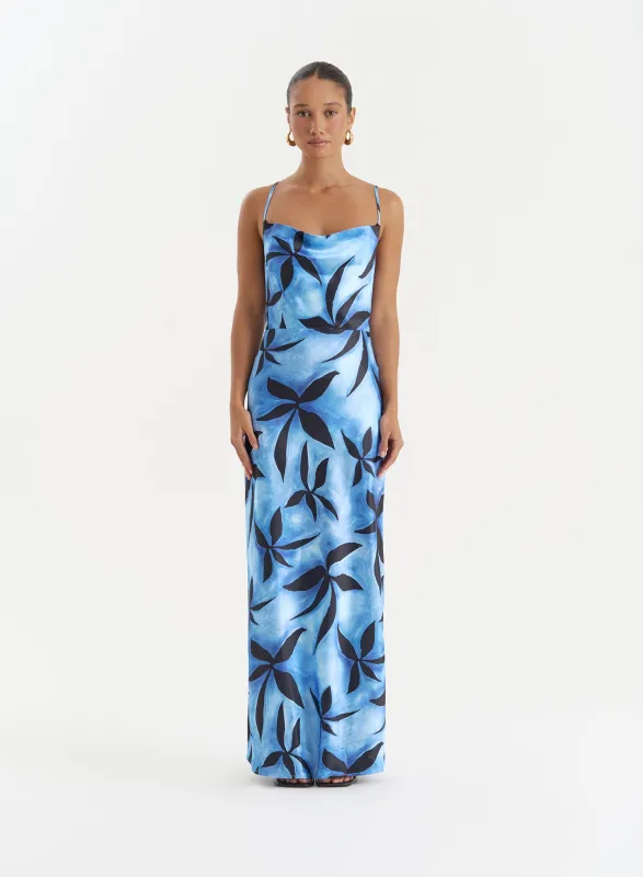 Blue Floral Print Satin Maxi Dress- Monique sold by 4th and Reckless