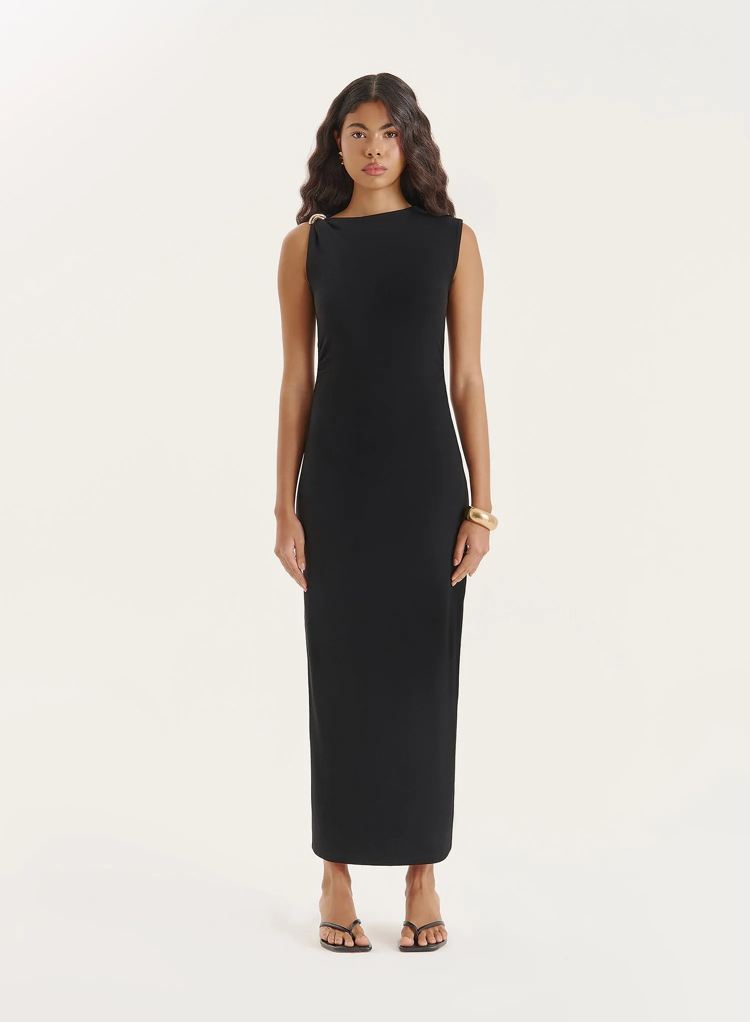 Black Sleeveless Gathered Maxi Dress sold by 4th and Reckless