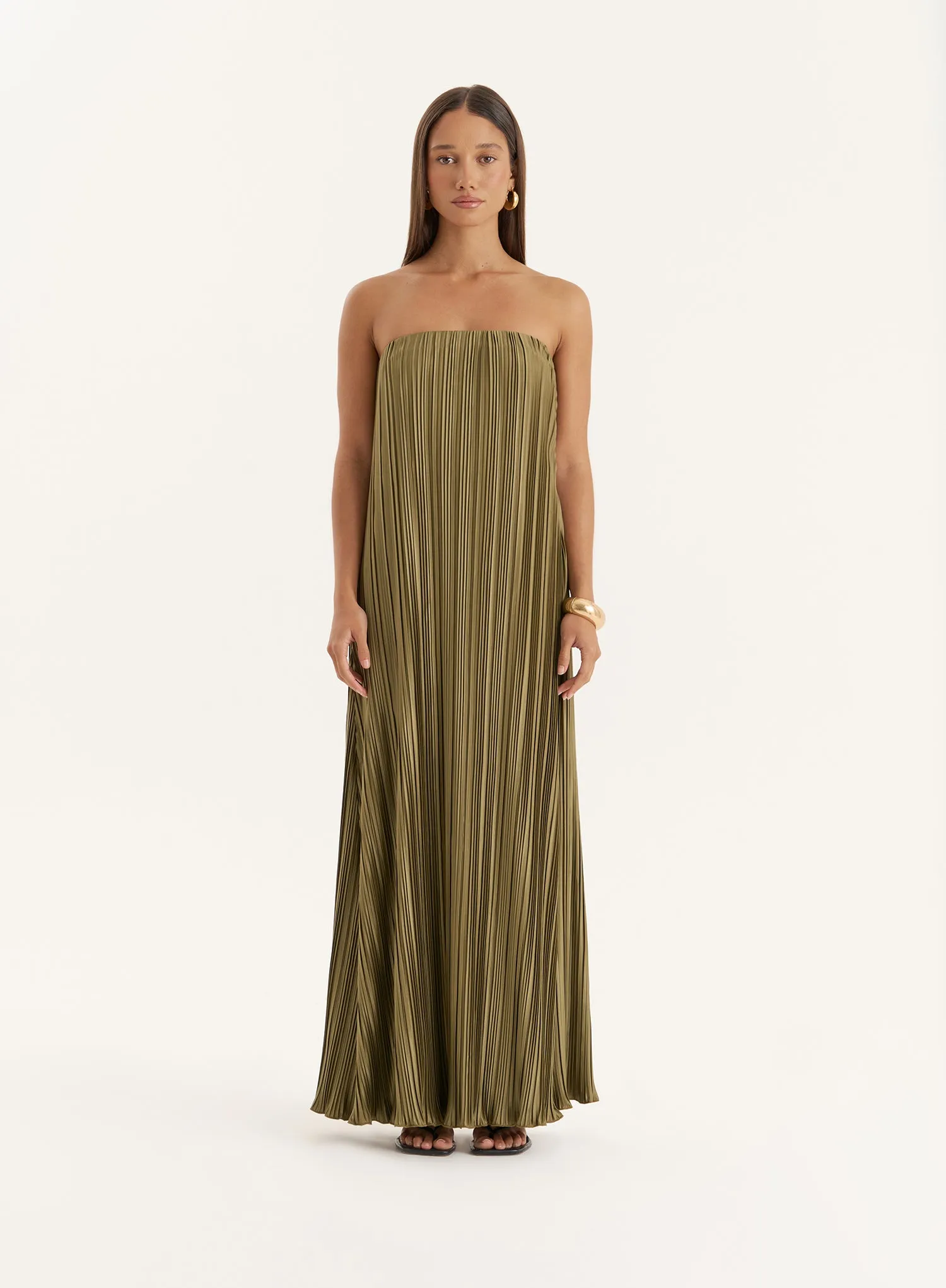 Khaki Plisse Bandeau Maxi Dress- Ruby sold by 4th and Reckless