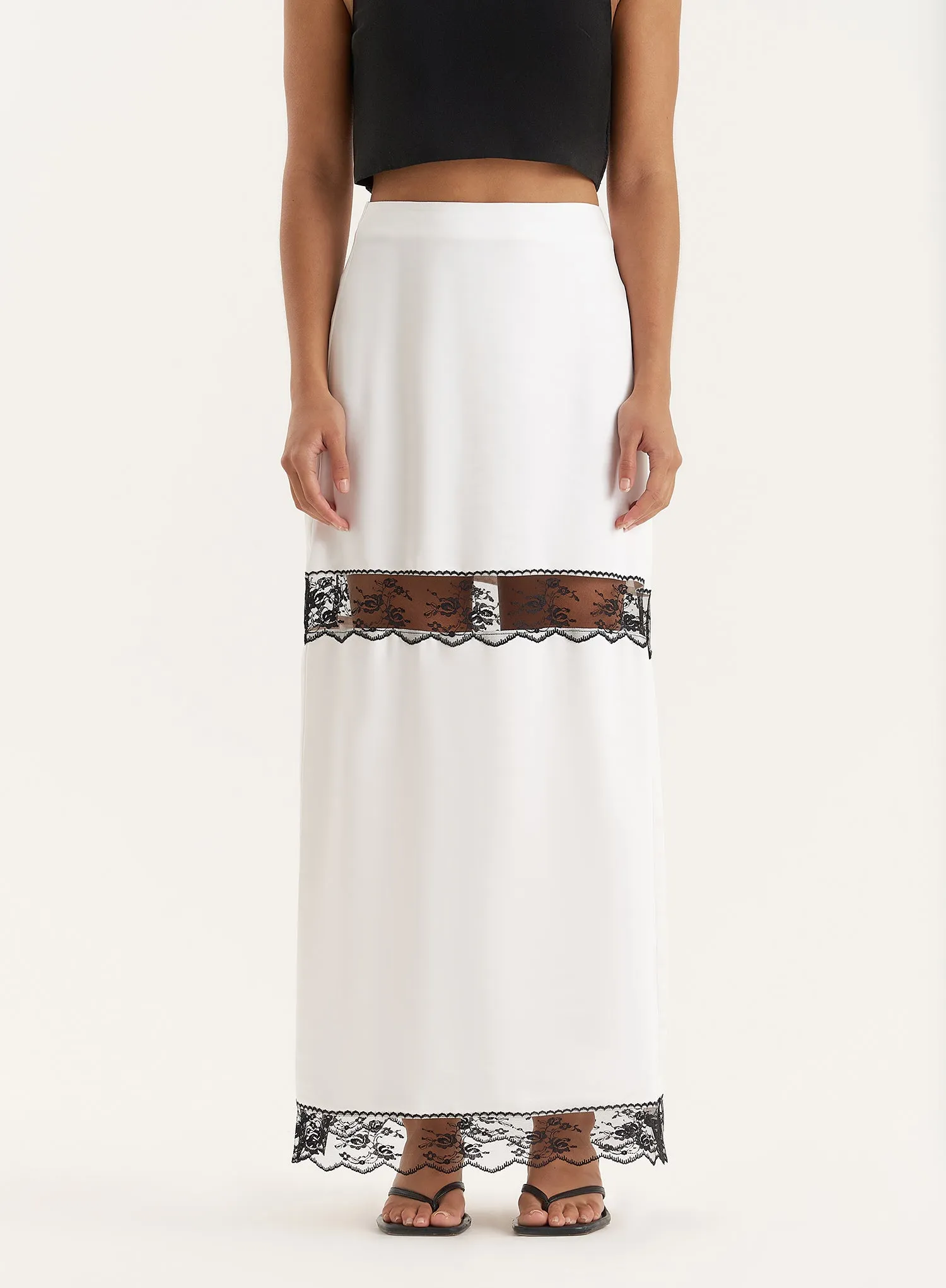 White Satin Lace Detail Maxi Skirt- Jess sold by 4th and Reckless product image thumbnail 4